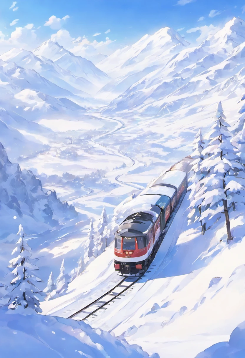 snow landscape, Winter wonderland, trains, steam locomotive, snow covered trees, snow mountains, Soft snowflakes, comfortable atmosphere, retro charm, nostalgic trip, Icy breathing, Cold, icy track, EtherealBeauty, snow covered mountain peaks, Majestic landscape, Snowflakes dance, Frozen landscape, magical winter, calm silence, Beautiful movements, A dream trip, White blanket, Icy mist, winter adventure, Train travel, Scenic route, cold adventure, Frozen Miracle, Scenic area, misty mountains, Picturesque, peaceful journey, snow run, snow adventure, icy wilderness, snow adventure, winter travel.