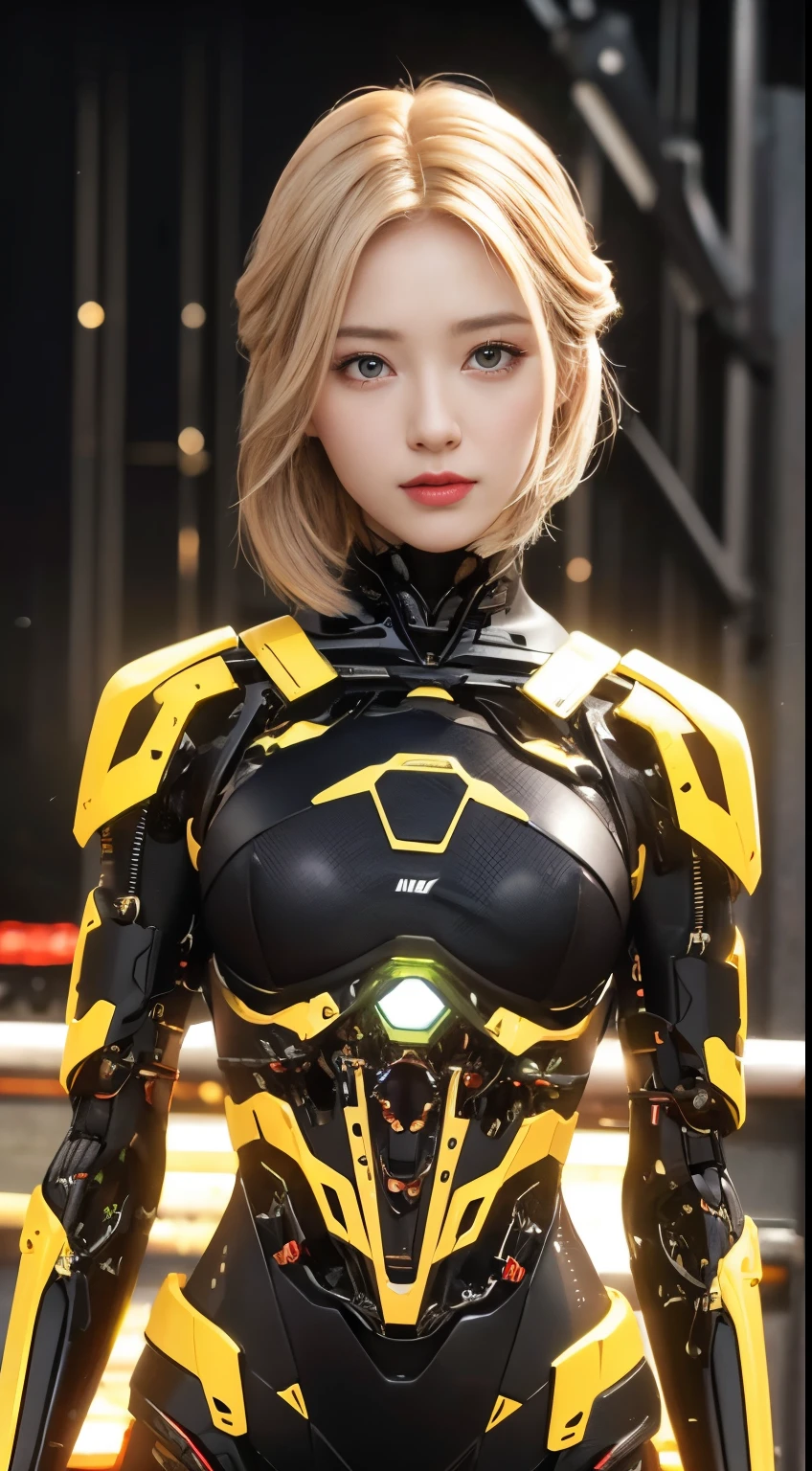 (1 Mechanical Girl)、top-quality、masterpiece、(Photorealsitic:1.4)、1 girl、Golden hair、glowy skin、(Small LED)、((super realistic details)), skin is exposed in cleavage、metals、Japan details、Realistic light、radiant eyes、Facing the camera、orange and armoured black mechanical chest plate, (((exposed shoulders and arms with gauntlets)))