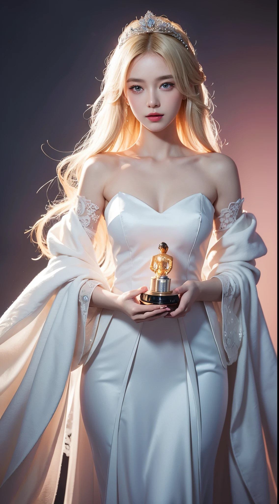 there is a woman in a white dress holding a Music Box, artwork in the style of guweiz, guweiz on pixiv artstation, guweiz on artstation pixiv, guweiz, fantasy art style, guweiz masterpiece, beautiful and elegant queen, beautiful character painting, detailed digital anime art, blonde - haired princess, White hair, sky blue eyes, pink lips