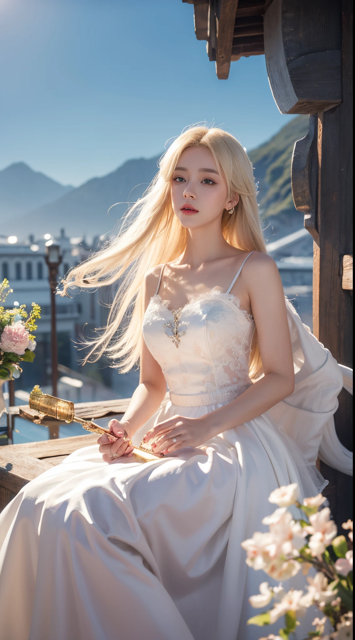 there is a woman in a white dress holding a Music Box, artwork in the style of guweiz, guweiz on pixiv artstation, guweiz on artstation pixiv, guweiz, fantasy art style, guweiz masterpiece, beautiful and elegant queen, beautiful character painting, detailed digital anime art, blonde - haired princess, White hair, sky blue eyes, pink lips