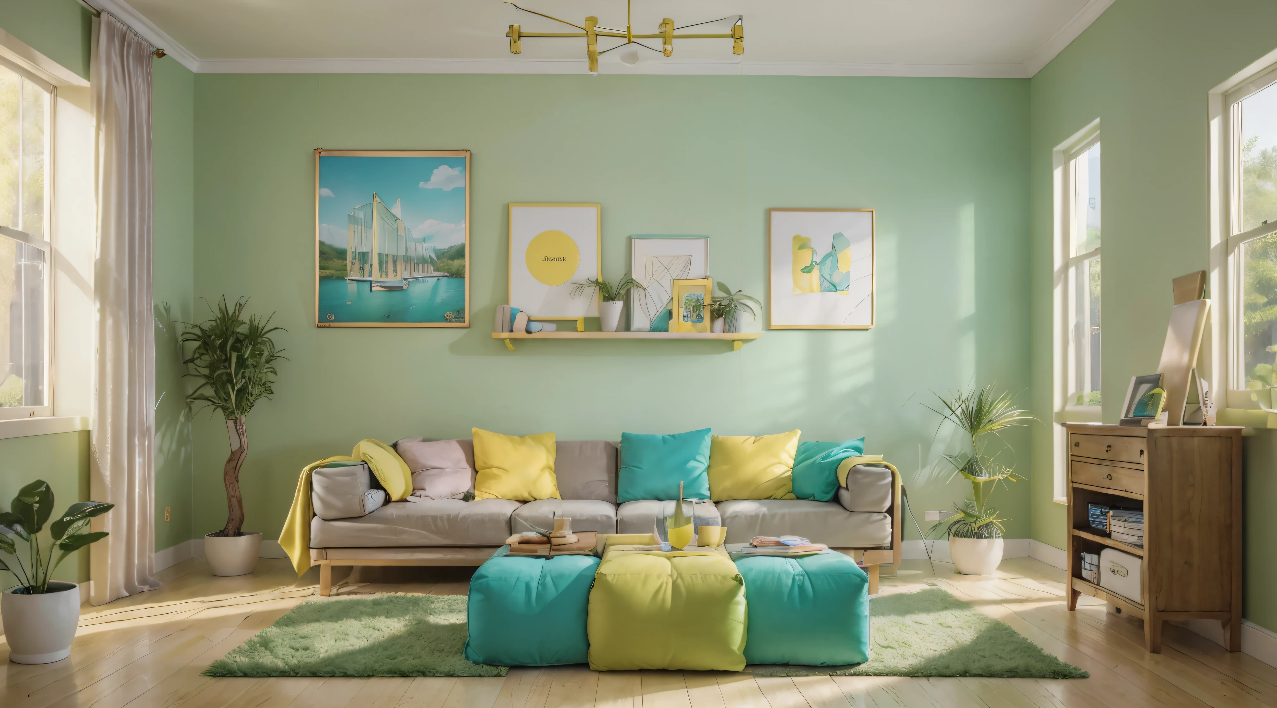 (best quality,4k,8k,highres,masterpiece:1.2),ultra-detailed,(realistic,photorealistic,photo-realistic:1.37),online store,banner,home goods,interior,comfort,green,yellow,turquoise,muted,pastel colors,16 by 9,cartoon style