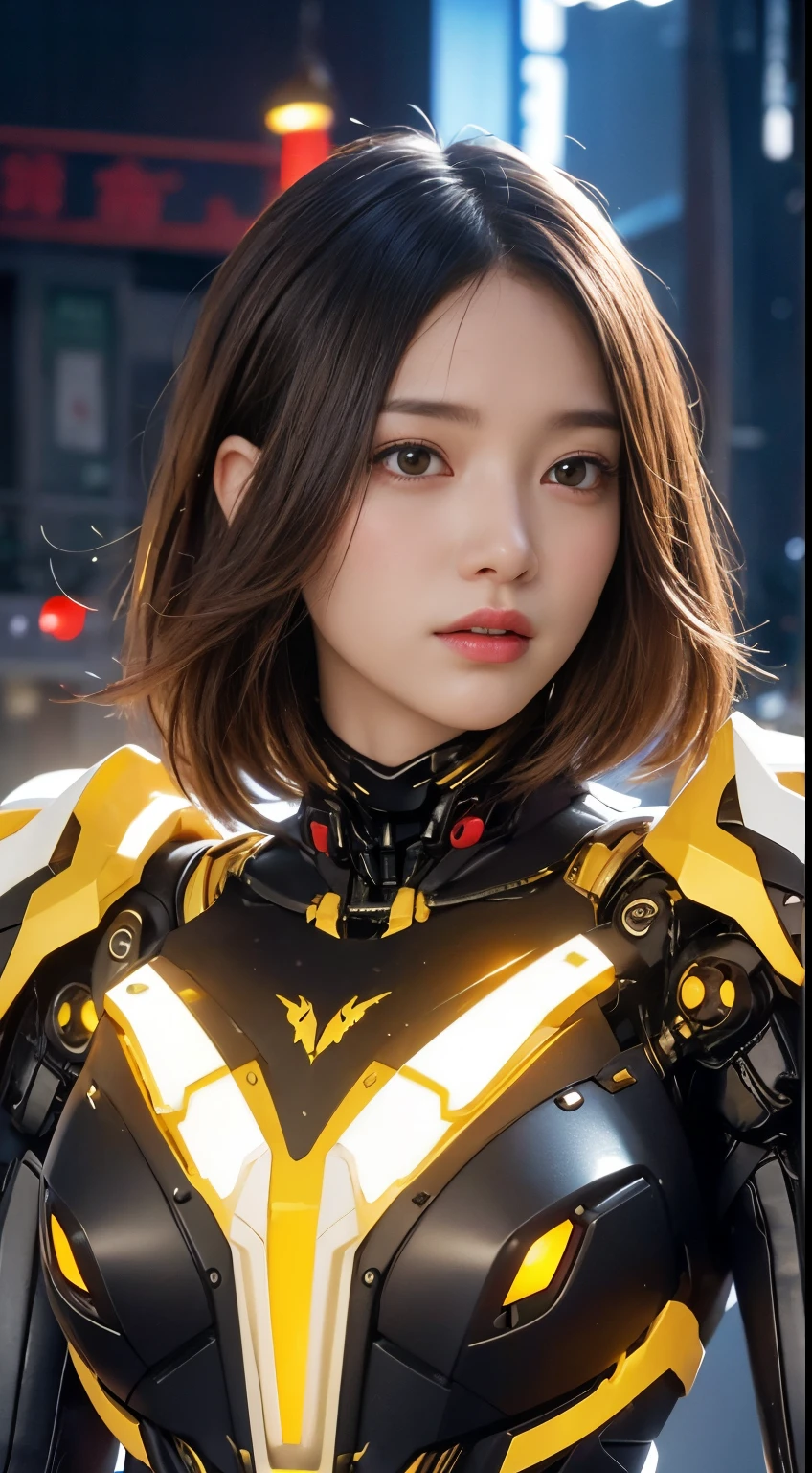 (1 Mechanical Girl)、top-quality、masterpiece、超A high resolution、(Photorealsitic:1.4)、Raw photo、1人、Golden hair、glowy skin、(((1 Mechanical Girl)))、(LED Lamp Mechanical Helmet)、(Small LED)、((super realistic details))、portlate、globalillumination、Shadow、octan render、8K、ultrasharp、Colossal tits、Raw skin is exposed in cleavage、metals、Details of complex ornaments、Japan details、highly intricate detail、Realistic light、CGSoation Trends、Red Eyes、radiant eyes、Facing the camera、neon details、(Mechanical limbs)、(blood vessels connected to tubes)、Mechanical vertebrae attached to the back、mechanical cervical attaching to neck、(Wires and cables connecting to the head)、Gundam、Small LED、,Mechanical thighs、Toostock、