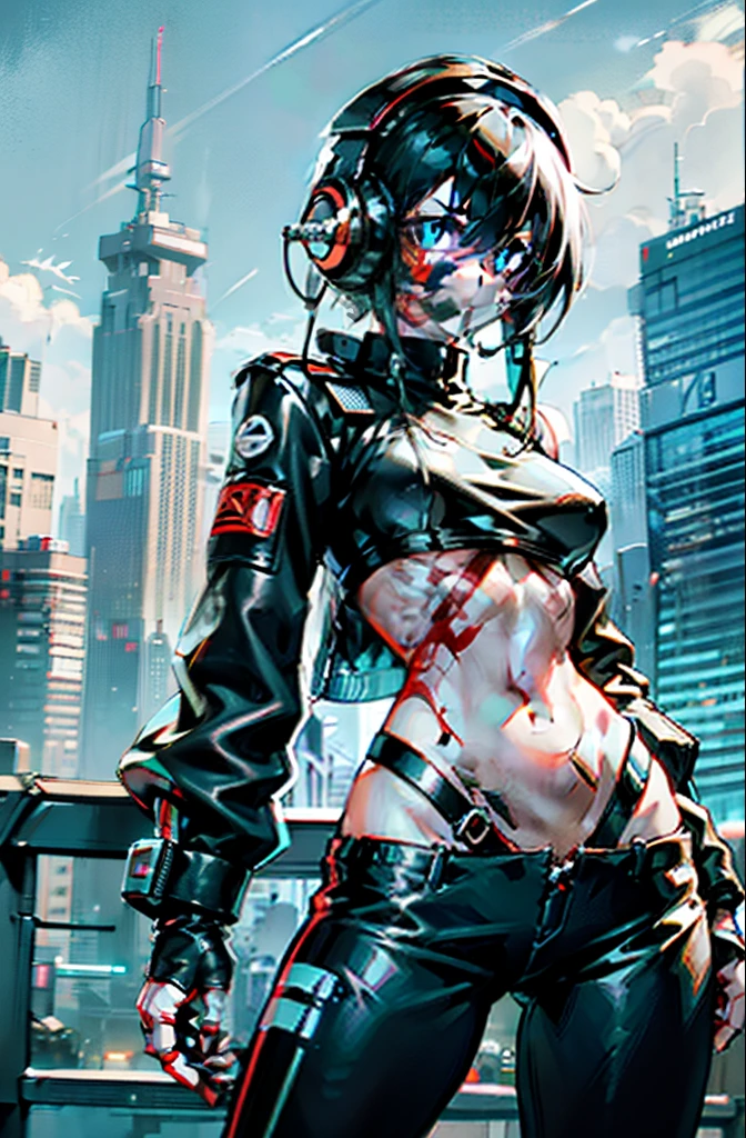 cyber punk personage,motorbiker,Wear a helmet and headphones,Tech motorcycles,Stood up,Exposing the abdomen,legs exposed,city in the style of cyberpunk,Navel-baring combat uniform,Fighting posture,Bleeding from the belly button eye,There is blood in the stomach,Cover your abdomen when injured,agony