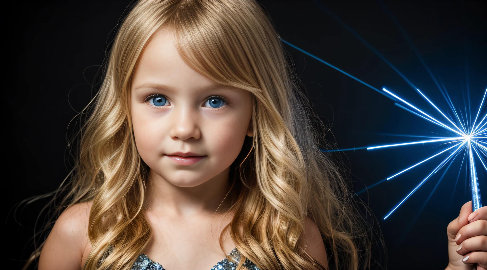 lasers azuis AZUL , close-up CHILDREN BLONDE GIRL WITH VERY LONG HAIR, em um fundo escuro, studio photo session, Vestido prateado.