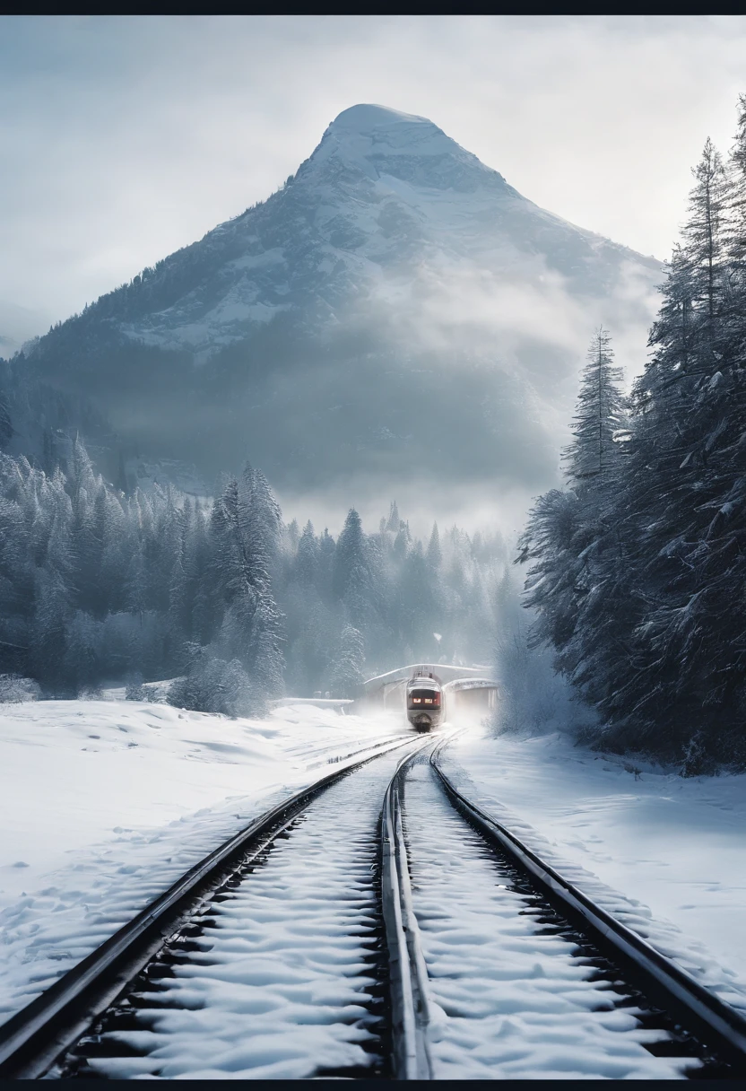 snow landscape, Winter wonderland, trains, steam locomotive, snow covered trees, snow mountains, Soft snowflakes, comfortable atmosphere, retro charm, nostalgic trip, Icy breathing, Cold, icy track, EtherealBeauty, snow covered mountain peaks, Majestic landscape, Snowflakes dance, Frozen landscape, magical winter, calm silence, Beautiful movements, A dream trip, White blanket, Icy mist, winter adventure, Train travel, Scenic route, cold adventure, Frozen Miracle, Scenic area, misty mountains, Picturesque, peaceful journey, snow run, snow adventure, icy wilderness, snow adventure, winter travel.