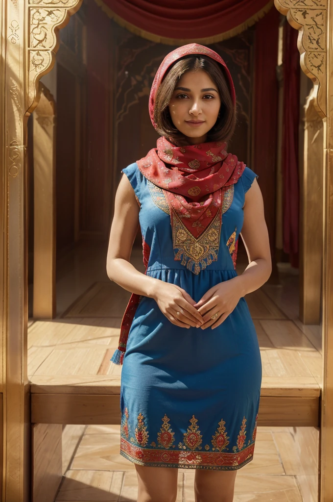 ((full body render)) , Persian Sassanid empire period woman , ((35 years old)) , casual face ,((Calm and proud face with a little smile)), Bright face , ((one-length haircuts))
, ((detailed face)) , Rembrandt light , (( in traditional red dress)) , (long blue scarf on head) , ((rose pattern on dress)) , ((background inspired by painting of  Golestan Palace
 by Kamal-ol-molk  )), ((perfect rectangular frame))