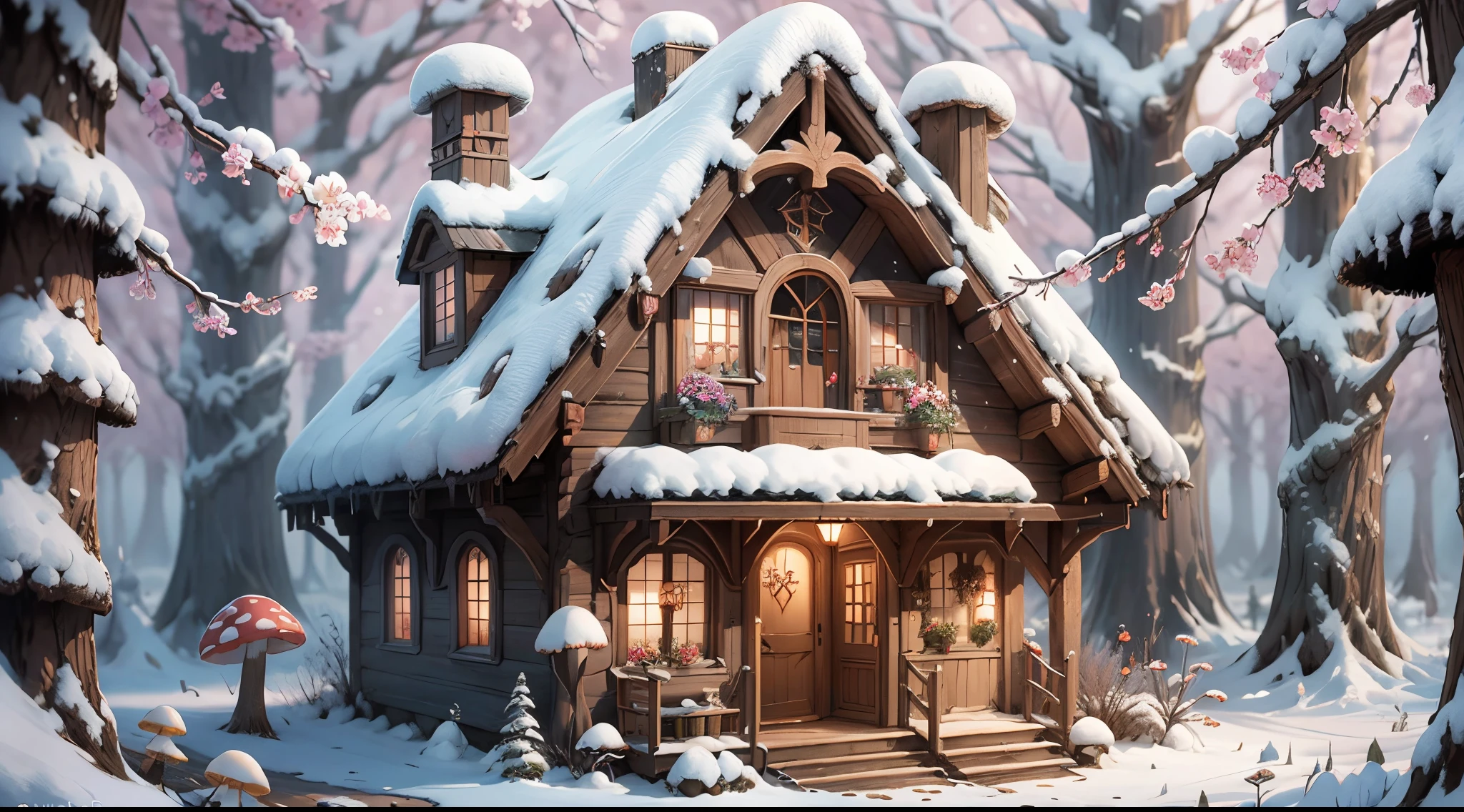 fairy tale picture book,Cogumelos,(mushroom house:1.4),Oyuki,(snow cover:1.4),Winters,blossom flower,a plant,high high quality,16K resolution,(Best quality),(tmasterpiece),ultra - detailed,Detailed pubic hair,Accurate