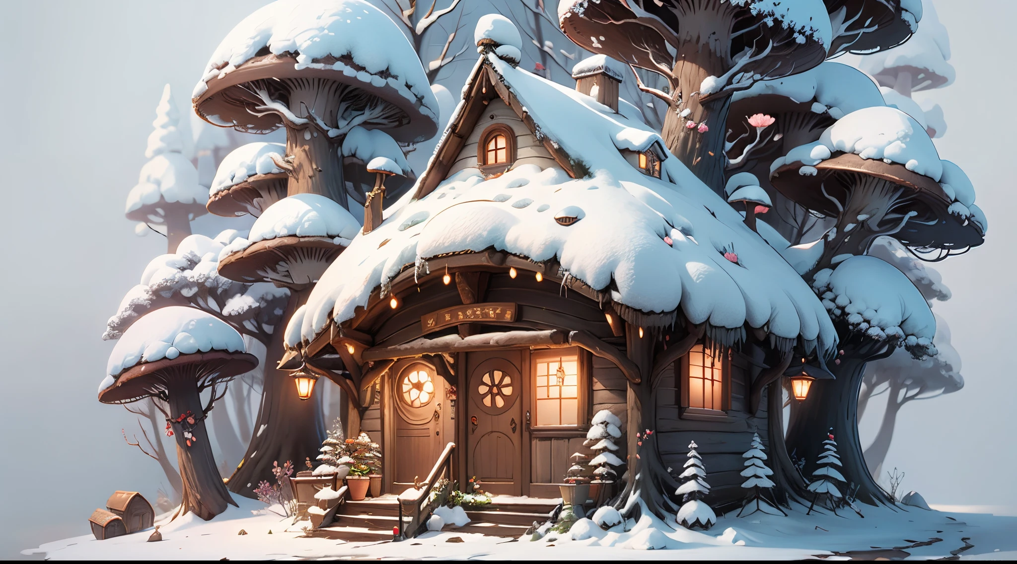 fairy tale picture book,Cogumelos,(mushroom house:1.4),Oyuki,(snow cover:1.4),Winters,blossom flower,a plant,high high quality,16K resolution,(Best quality),(tmasterpiece),ultra - detailed,Detailed pubic hair,Accurate