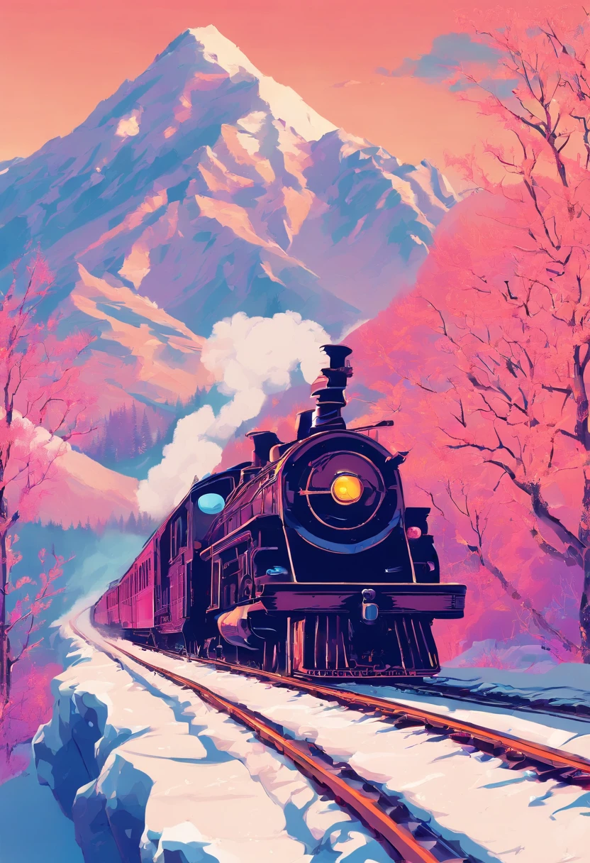 snow landscape, Winter wonderland, trains, steam locomotive, snow covered trees, snow mountains, Soft snowflakes, comfortable atmosphere, retro charm, nostalgic trip, Icy breathing, Cold, icy track, EtherealBeauty, snow covered mountain peaks, Majestic landscape, Snowflakes dance, Frozen landscape, magical winter, calm silence, Beautiful movements, A dream trip, White blanket, Icy mist, winter adventure, Train travel, Scenic route, cold adventure, Frozen Miracle, Scenic area, misty mountains, Picturesque, peaceful journey, snow run, snow adventure, icy wilderness, snow adventure, winter travel.
