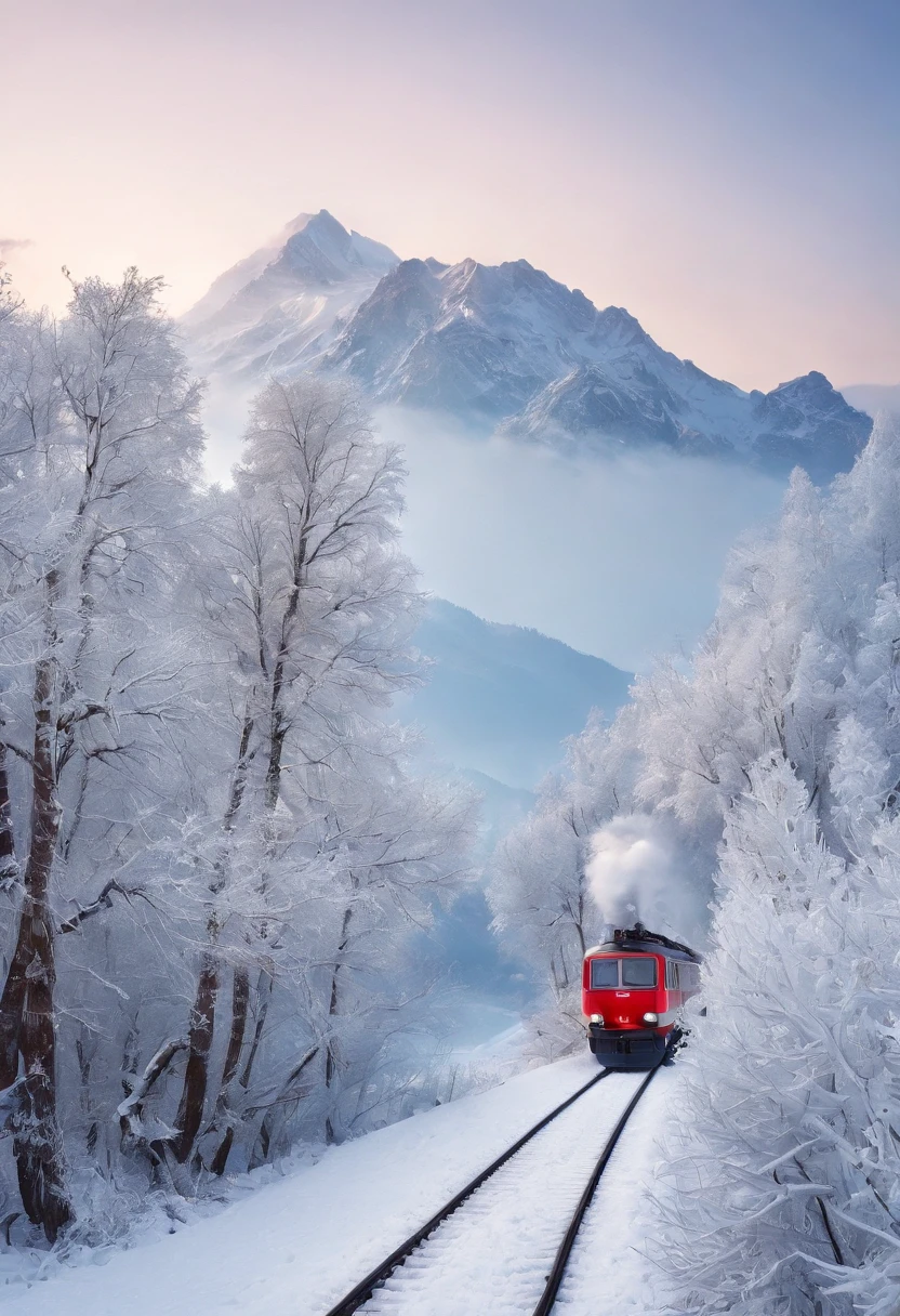 snow landscape, Winter wonderland, trains, steam locomotive, snow covered trees, snow mountains, Soft snowflakes, comfortable atmosphere, retro charm, nostalgic trip, Icy breathing, Cold, icy track, EtherealBeauty, snow covered mountain peaks, Majestic landscape, Snowflakes dance, Frozen landscape, magical winter, calm silence, Beautiful movements, A dream trip, White blanket, Icy mist, winter adventure, Train travel, Scenic route, cold adventure, Frozen Miracle, Scenic area, misty mountains, Picturesque, peaceful journey, snow run, snow adventure, icy wilderness, snow adventure, winter travel.
