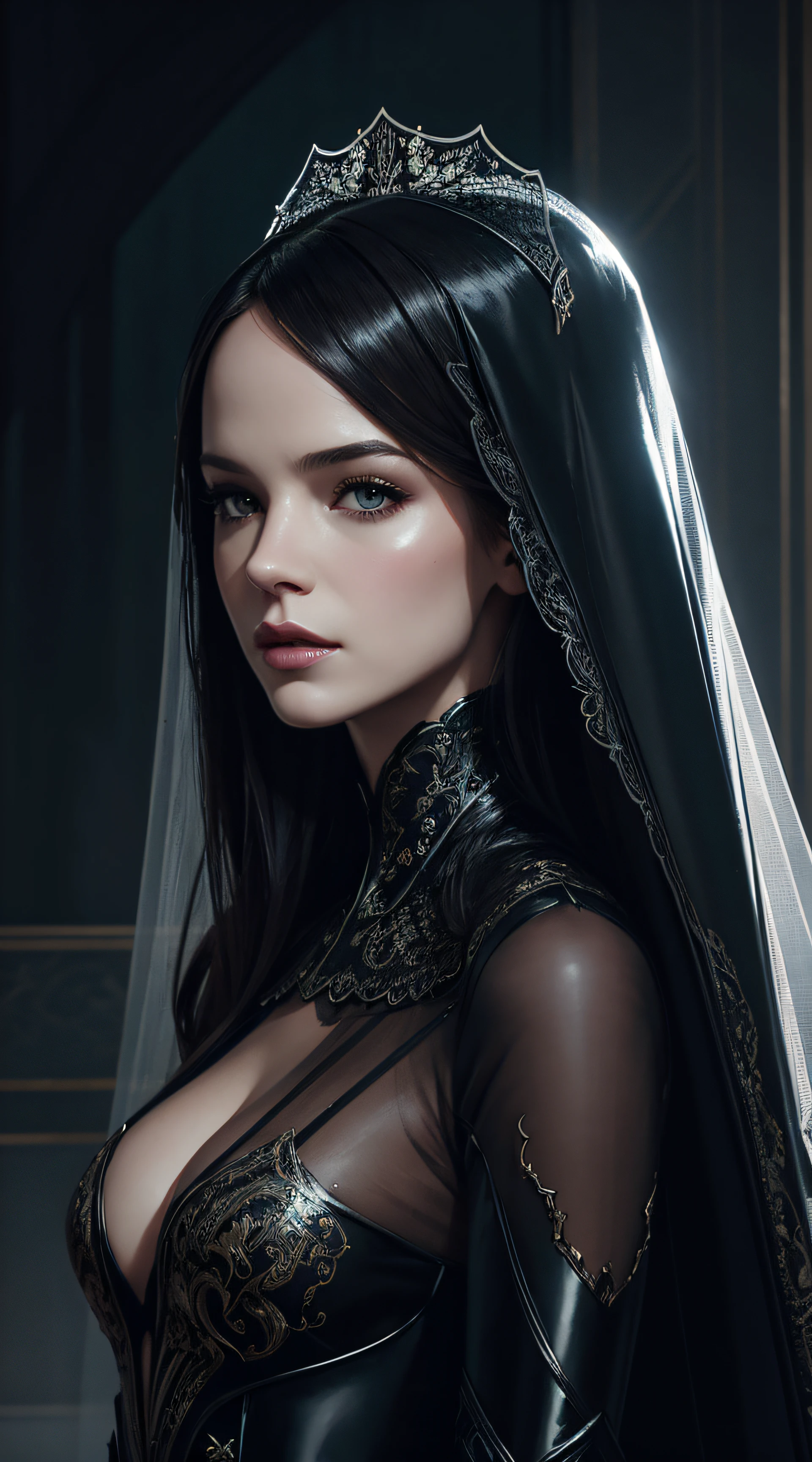 Danielle Panabaker, veil bride latex sexy clothes, character portrait, 4 9 9 0 s, long hair, intricate, elegant, highly detailed, digital painting, artstation, concept art, smooth, sharp focus, illustration, art by wlop, charlie bowater and alexandra fomina