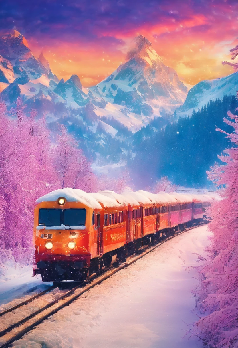 snow landscape, Winter wonderland, trains, steam locomotive, snow covered trees, snow mountains, Soft snowflakes, comfortable atmosphere, retro charm, nostalgic trip, Icy breathing, Cold, icy track, EtherealBeauty, snow covered mountain peaks, Majestic landscape, Snowflakes dance, Frozen landscape, magical winter, calm silence, Beautiful movements, A dream trip, White blanket, Icy mist, winter adventure, Train travel, Scenic route, cold adventure, Frozen Miracle, Scenic area, misty mountains, Picturesque, peaceful journey, snow run, snow adventure, icy wilderness, snow adventure, winter travel.