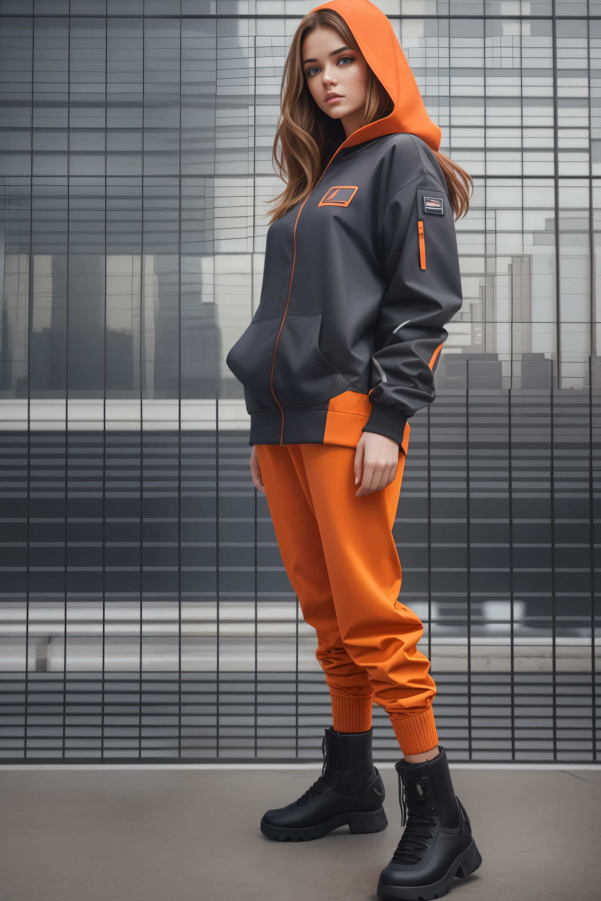 The Model Girl, 19 years, Full-length, appears with long light brown hair, representative of Ukraine. Her image is the embodiment of modern trends in the fashion world., dressed influenced by such styles, like dau-al-set, Goblin Academy, 32K UHD, dada, glorious, severe minimalism and magical wave.
The girl wears 100% cotton and fleece suit. The costume is made in an expressive bright purple color and is complemented by an orange hood., giving the image additional brightness and individuality. The trousers are decorated with a comfortable elastic band., and the sleeves of the sweater are complemented with elastic., which gives the image dynamism and modernity.
It is necessary to have a full-length picture with 16:9 Aspect Ratio, which would show this model in her stylish way. The photograph is presented in black and white., creating a matte and hyper-realistic effect. This composite image becomes part of the tumbling wave and is associated with the aesthetics of such publications, as Associated Press Photo and Cast.. The overall visual style gives the image a dynamic balance., reflecting current fashion trends and influences.