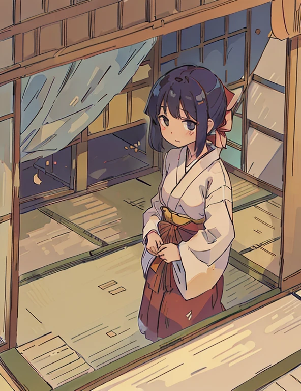 Japanese house window,tatami mats, The curtains fluttered slightly,Courtyard view outside the window