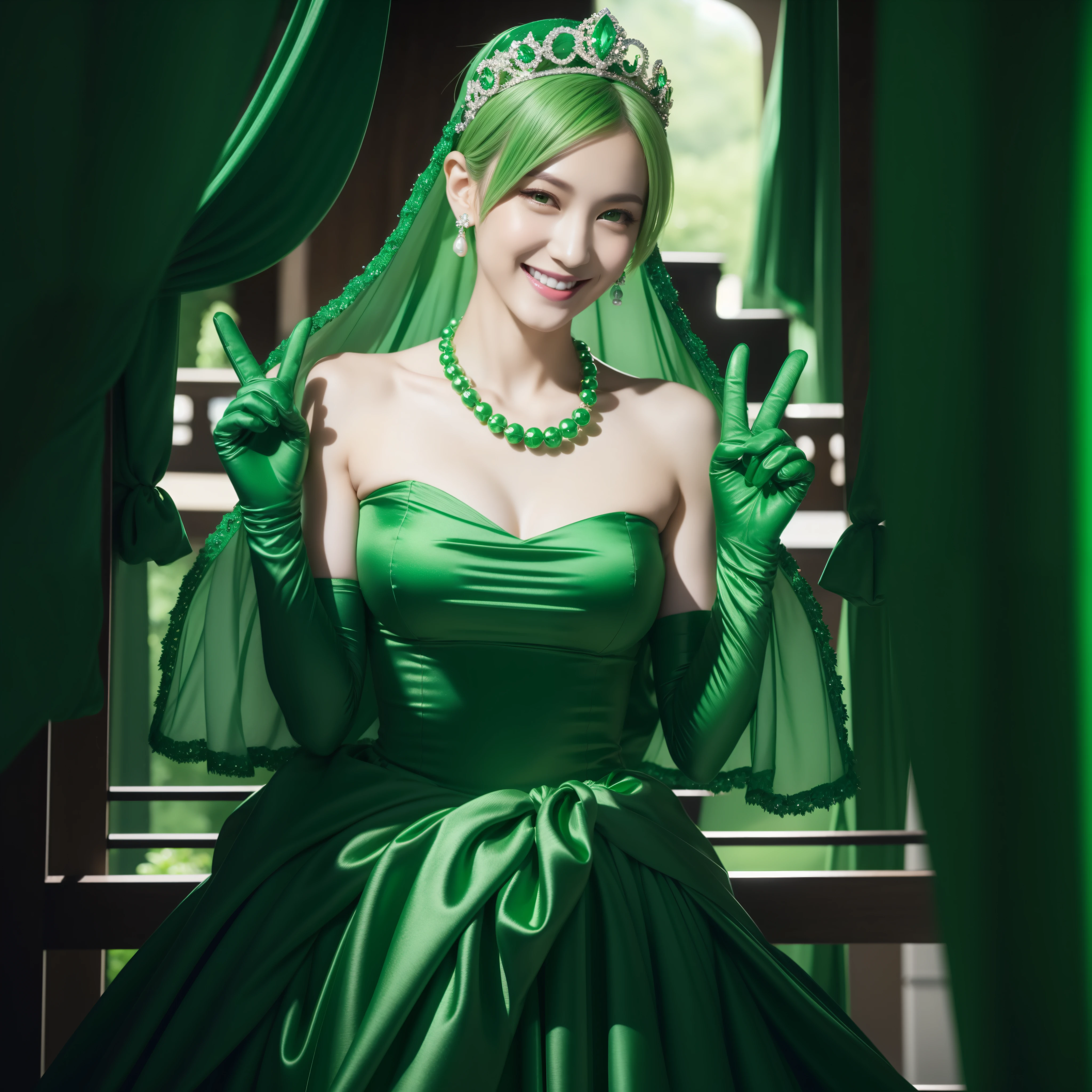 emerald tiara, Green Pearl Necklace, Boyish very short green hair, lipsticks, Japan woman smiling, very short short hair, big breasts beautiful, Green eyes, Long green gloves made of satin material, Green eyes, Emerald Earrings, green vale, v sign