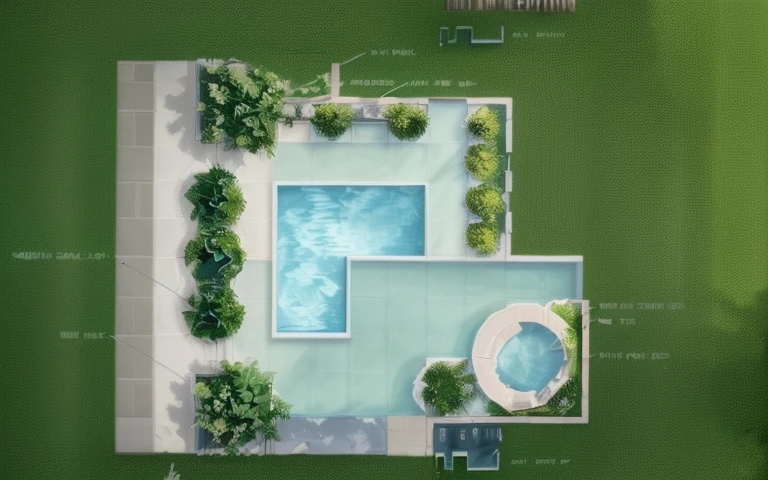 create a hand drawing plan, design form, trees, color, pool, clear, outside, concise, grass, outside tile