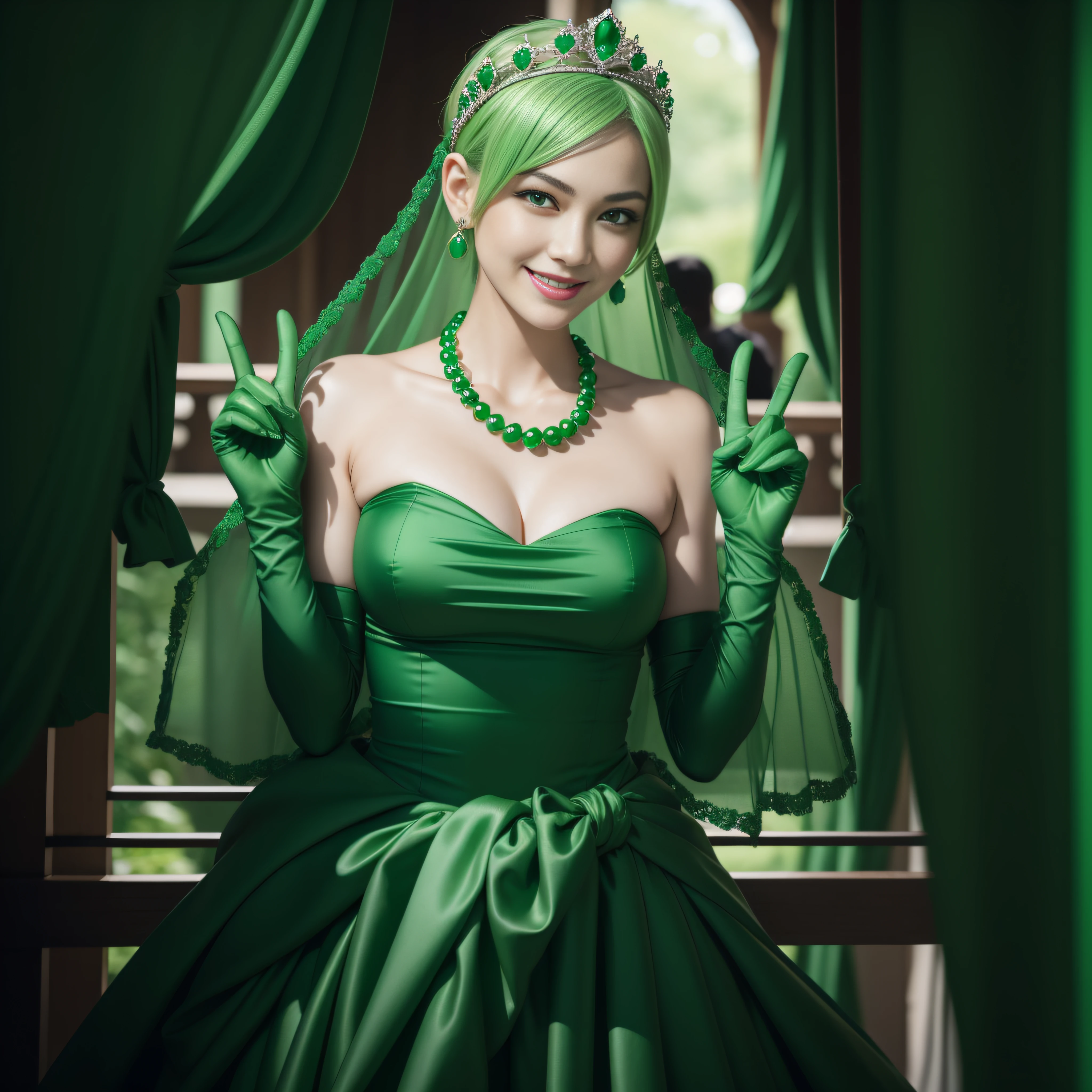 emerald tiara, Green Pearl Necklace, Boyish very short green hair, lipsticks, Japan woman smiling, very short short hair, big breasts beautiful, Green eyes, Long green gloves made of satin material, Green eyes, Emerald Earrings, green vale, v sign