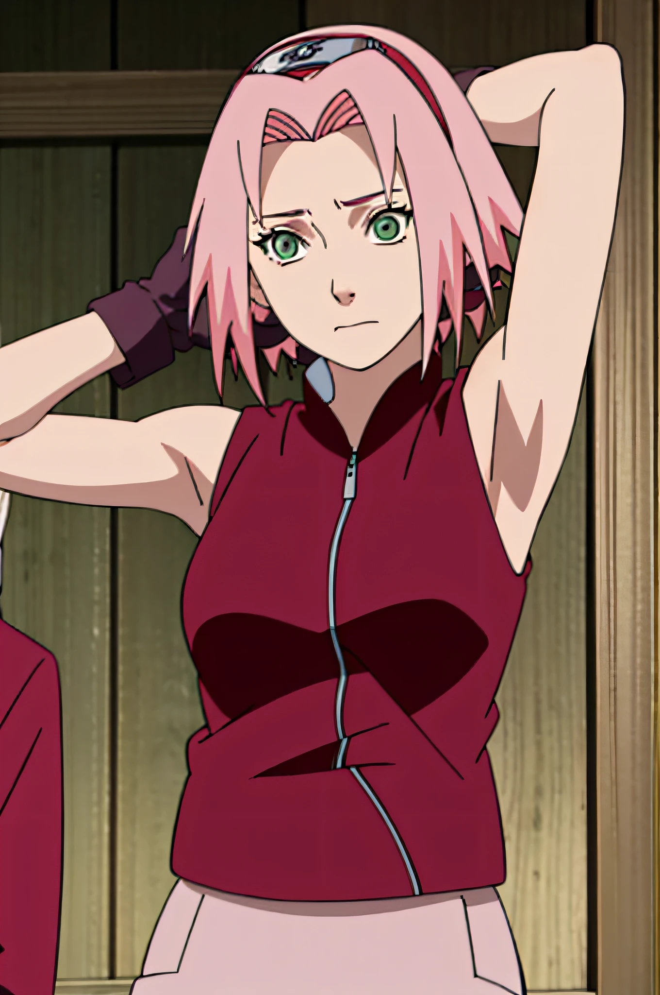 sakura haruno, sleeveless, red jacket, forehead protector, konohagakure symbol, arms behind head, arms up, armpits, showing armpits, posing, green eyes, perfect proportions, sakura shippuden, masterpiece, best quality, short hair, pink hair, black gloves, solo