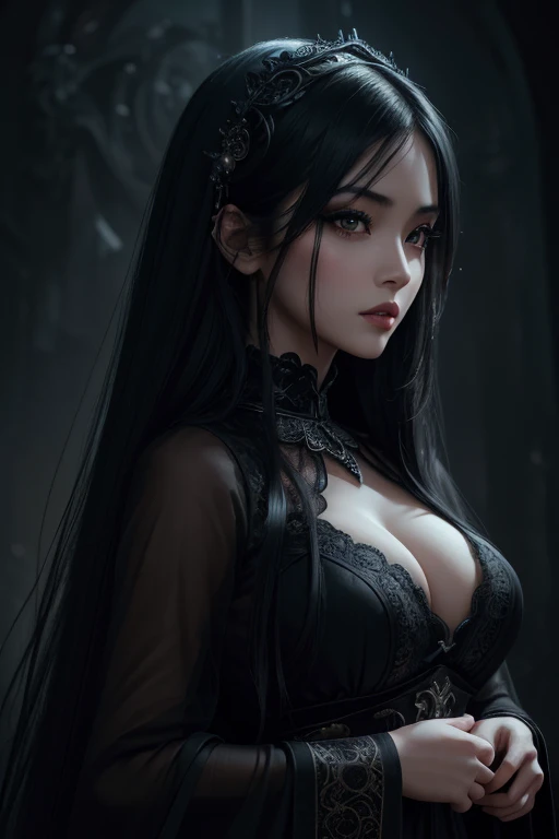 **(best quality,4k,8k,highres,masterpiece:1.2),ultra-detailed,realistic,oriental gothic girl,beautiful detailed eyes,beautiful detailed lips,extremely detailed eyes and face,long black hair,very detailed dress,dark atmosphere,dramatic pose,stunning background,shadowy lighting,vivid colors**