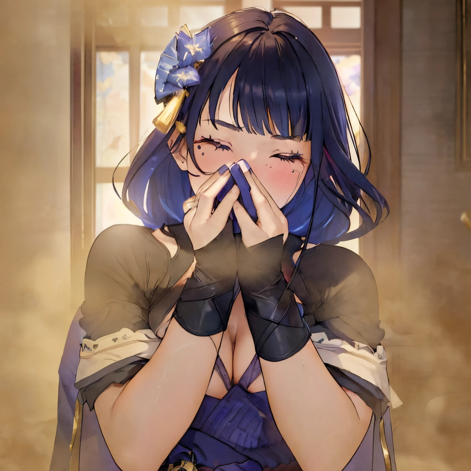 (masterpiece:1.2、top-quality)、(the Extremely Detailed CG Unity 8K Wallpapers、ultra-detailliert、Best Shadows)、(细致背景)、(The best lighting、extremely delicate and beautiful)、depth of fields, yellow smoke covering her face, covering nose using bare hand, upward looking gaze、closed her eyes,(((syncope))),((shed tears)),((((Girl is surprised when she smells the bad smell of farts)))),((((please cover your face with your hands。'There'no smell)))