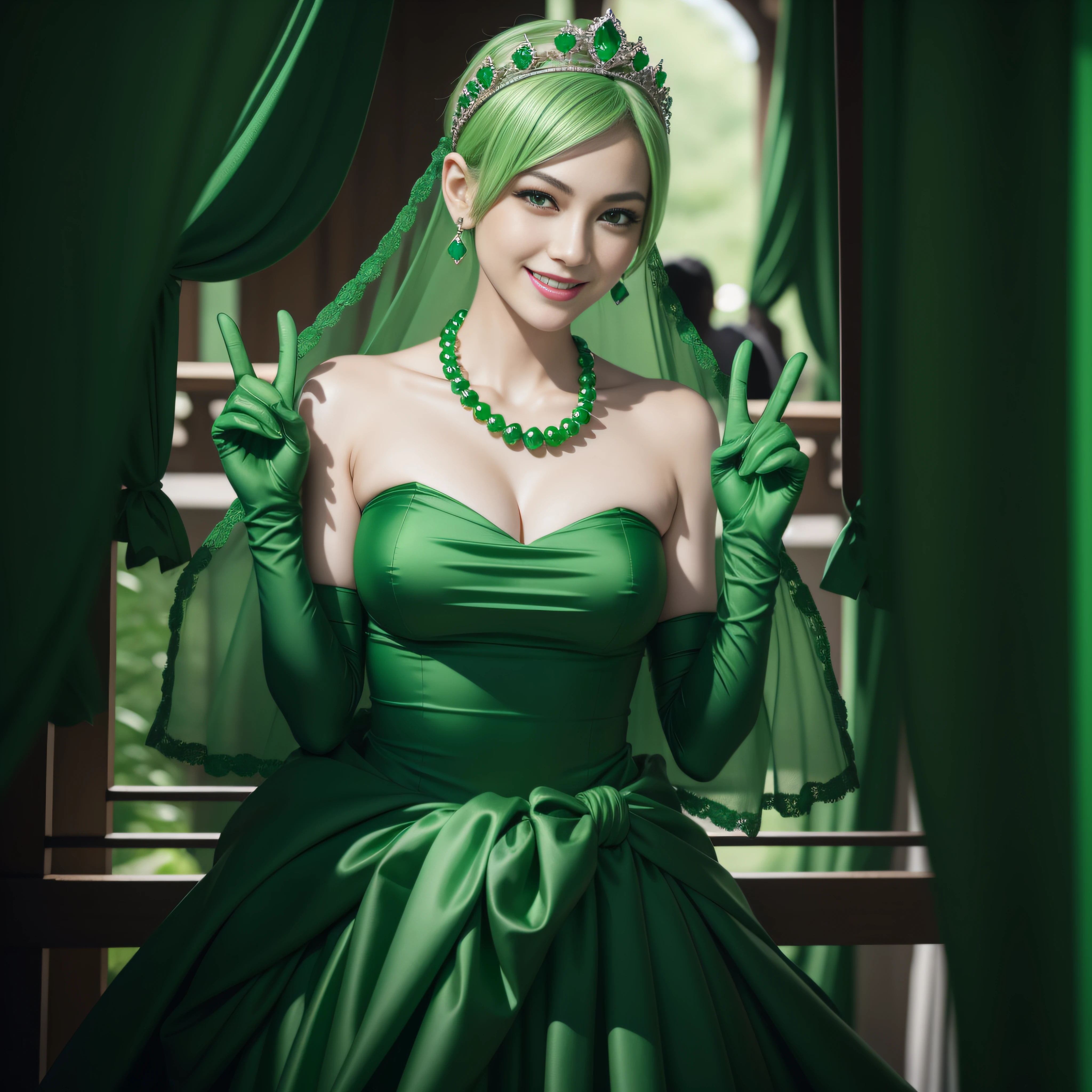 emerald tiara, Green Pearl Necklace, Boyish very short green hair, lipsticks, Japan woman smiling, very short short hair, big breasts beautiful, Green eyes, Long green gloves made of satin material, Green eyes, Emerald Earrings, green vale, v sign
