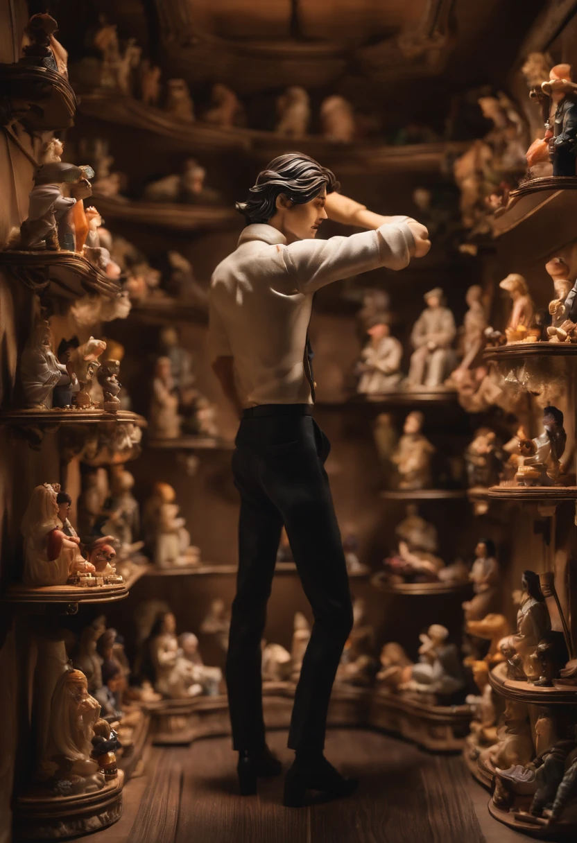 A photo of the character meticulously arranging a set of anime figurines in a diorama display,original,skinny, bad skin, long hair, greasy hair, ferrety face, wispy moustache , male