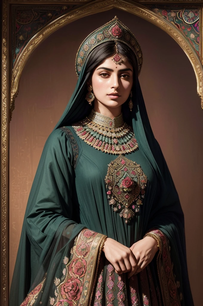 Persian Qajar period woman , ((28 years old)) , casual face , , Bright dark face
, ((detailed face)) , Rembrandt light , in traditional color #c270a0 hex color dress ,((rose pattern on dress)) , ((background inspired by painting of Golestan Palace by Kamal-ol-molk )),