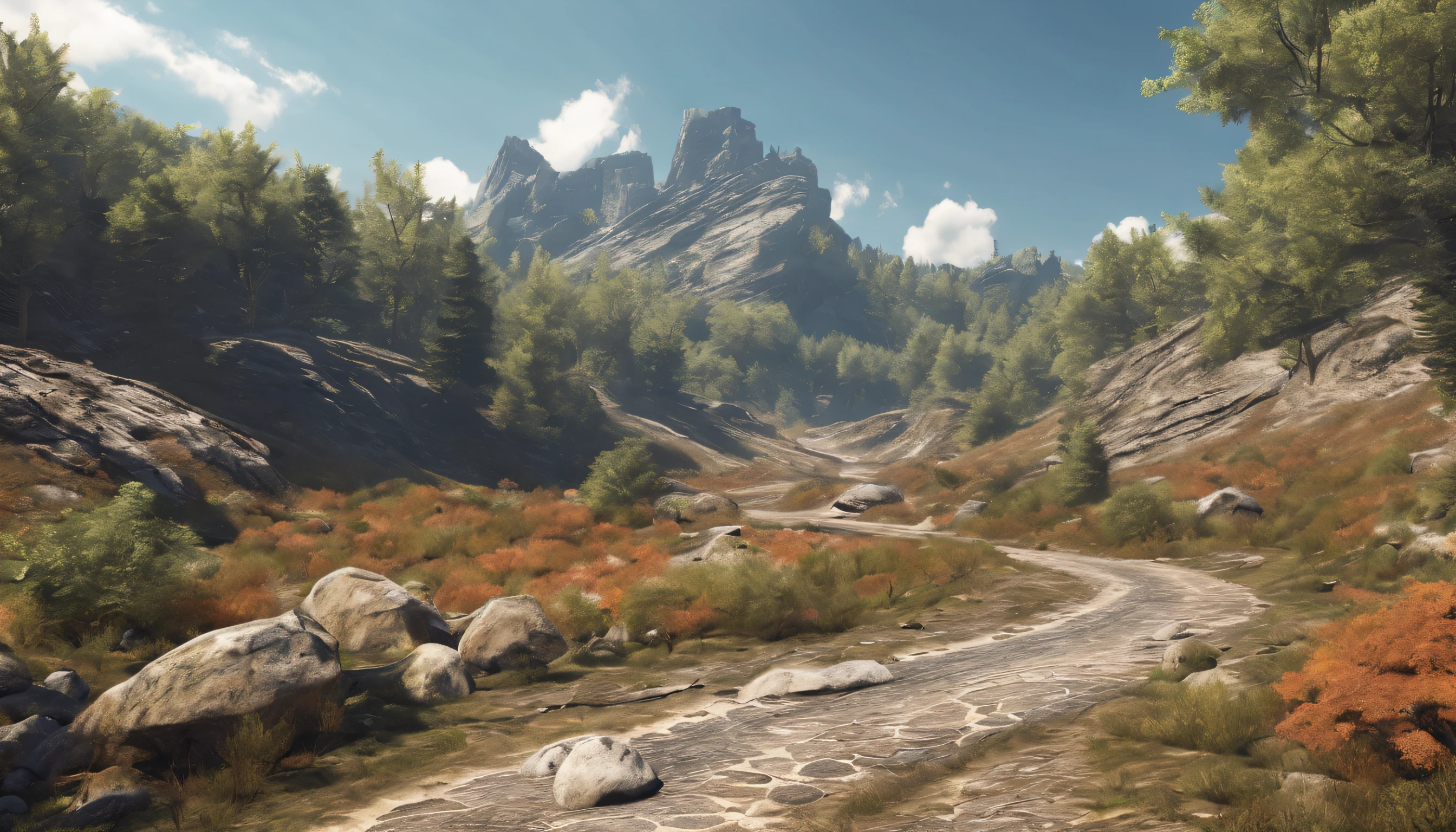 Rocky moorland, bosque, ruta, sunny day, Obra maestra fotorrealista