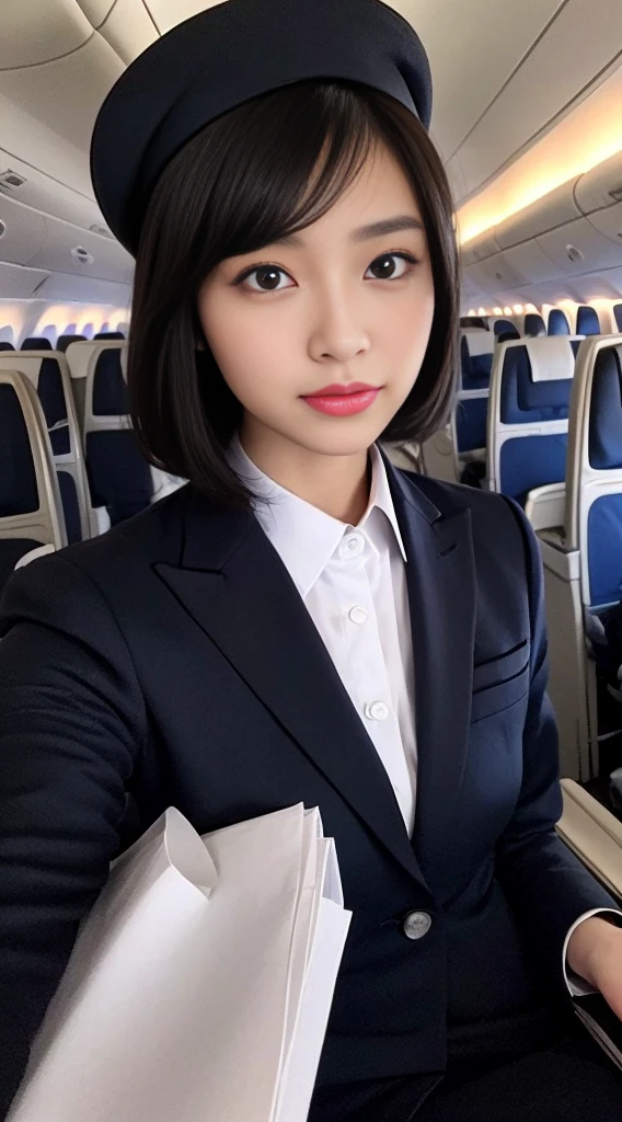 (Draw only one woman:1.3), 40 years, hyperdetailed face, Detailed lips, A detailed eye, 二重まぶた, (Black bob hair, Like an airplane stewardess, Do a good job), (Like an airplane stewardess:1.2), (Do a good job:1.2), (Stewardess uniform:1.2), (wear a stewardess hat:1.2), (Modest:1.3), (classy:1.2), Perfect image realism, Background with: (Business Class aisle on airplanes:1.2), In-depth background, detailed costume, Perfect litthing, Hyper-Realism, (Photorealistic:1.4), 8K maximum resolution, (masterpiece), Highly detailed, Professional