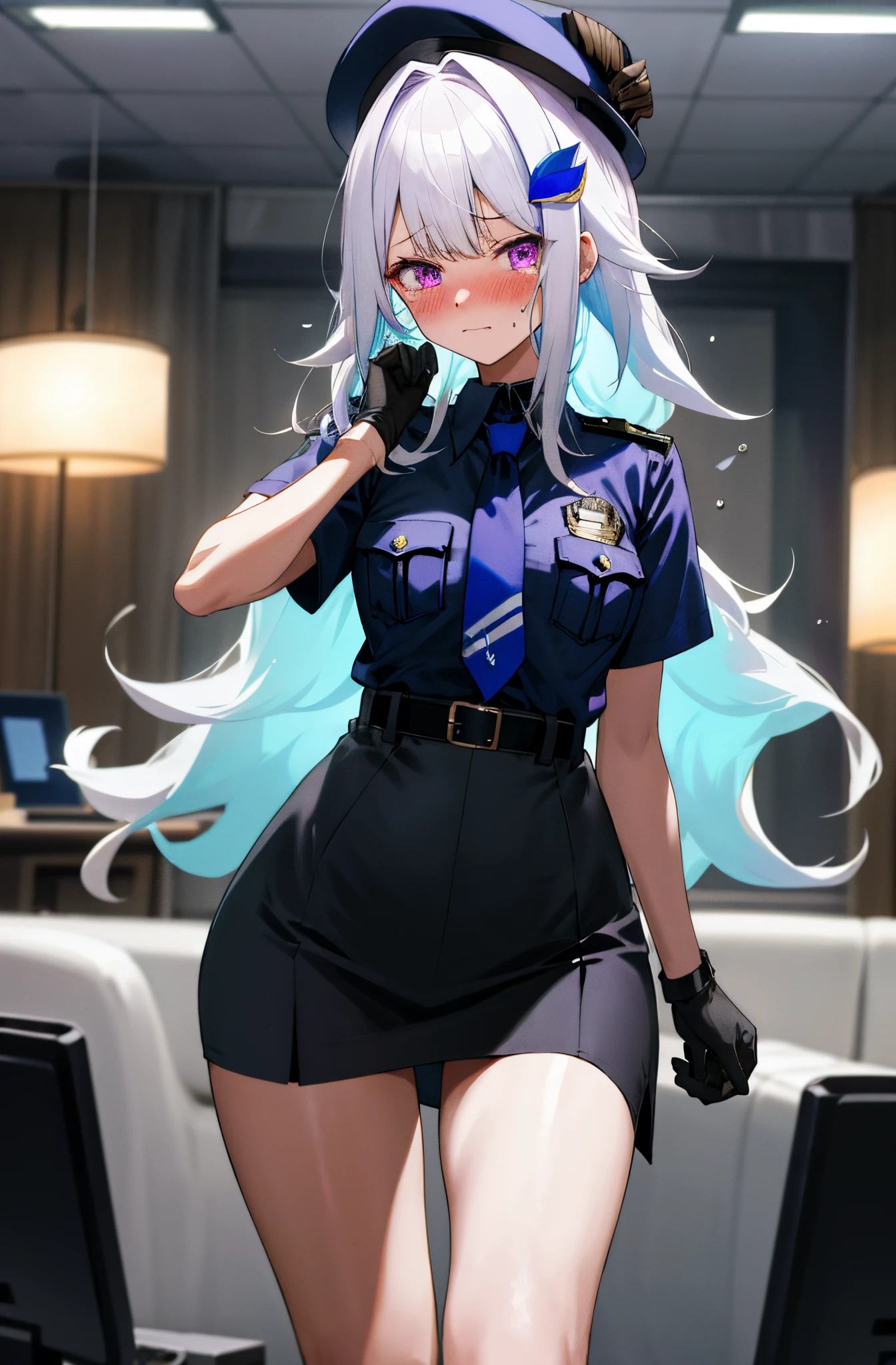 NSFW,1girl,Fox Girl,Slit eyes,Silver Hair,Red eyes,Long Hair,high school girl,Police uniform,Character portrait,Leg spread,blush,Teeth showing smile skirt lift,Mobile Task Force Equipment,Suspicious Smile,full Art,Artwork style