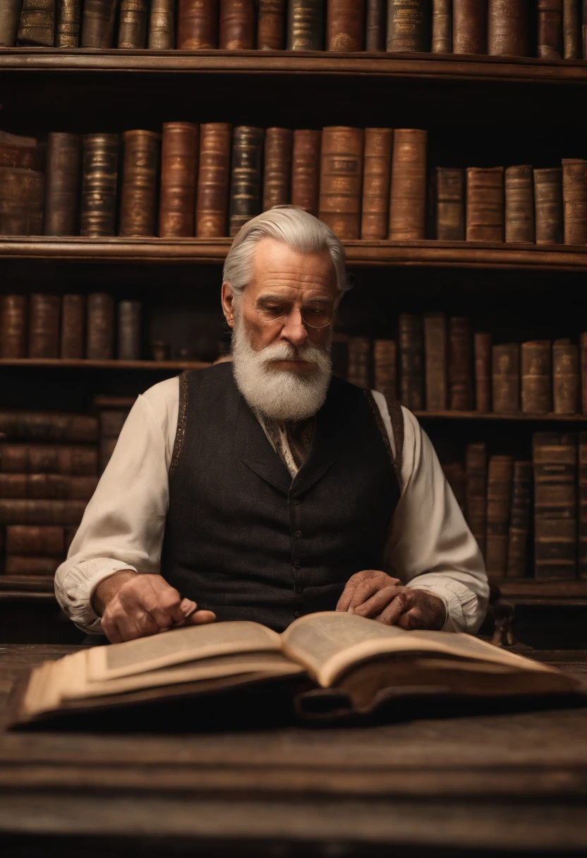 A photo of Hosea browsing through a rare book collection at an antique bookstore.,Red Dead Redemption II, Hosea is a lean, elderly man with neat, silver hair cut short and a clean-shaven face., male
