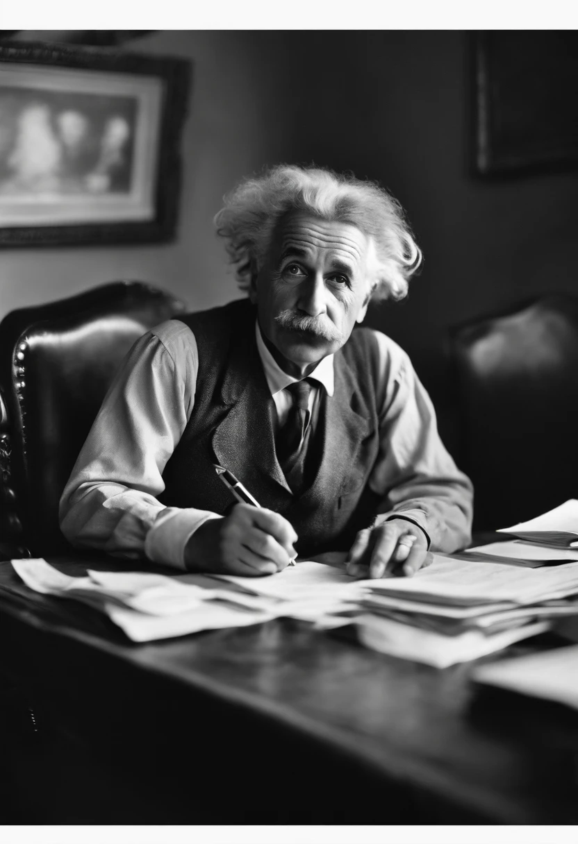A photo of Einstein sitting at his desk with papers scattered around, lost in thought with a pen in hand and a playful smirk on his face.,original,Einstein’s appearance was iconic, with his wild, unkempt hair, bushy mustache, and piercing eyes often giving him a thoughtful and slightly disheveled look. He typically dressed in a simple, non-flashy manner, favoring comfort over style. , male