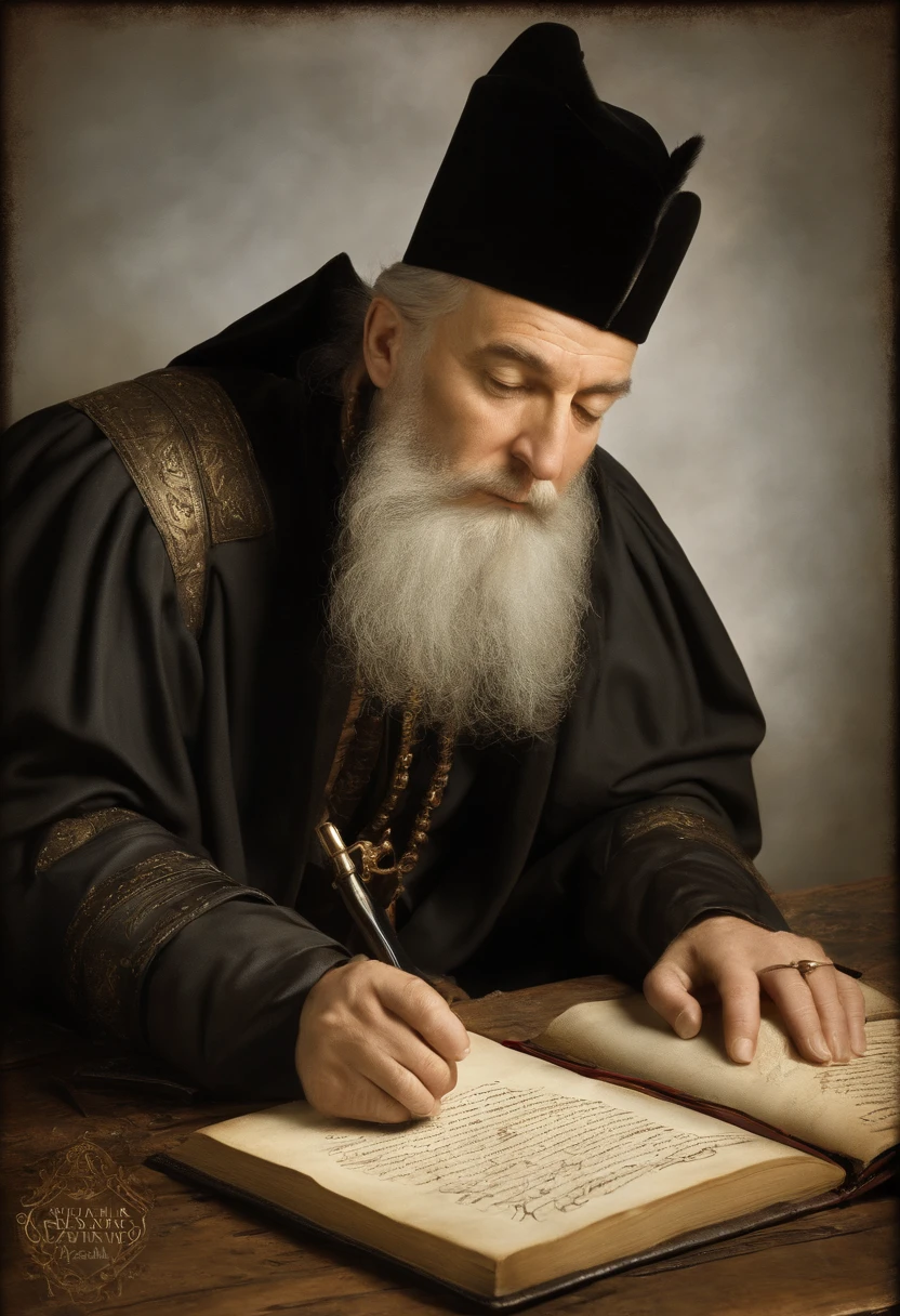 A photo of Nostradamus writing furiously in a leather-bound journal,Les Propheties,nostradamus, male