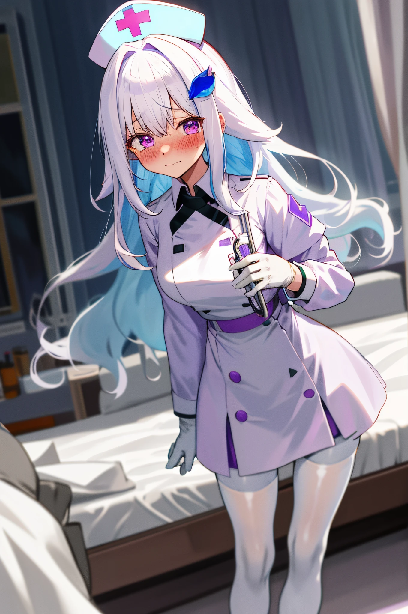 One girl with long wavy hair, white hair, blue inner hair, purple eyes, looking at viewer, embarrassed, blushing, tears, indoor , nurse, stethoscope, white shirt, puff long sleeves, white mini skirt, thigh, perfect waist, noon atmosphere, hair ornament, standing, bed , white lace gloves, pantyhose, nurse hat, (embarrassed:1.0)