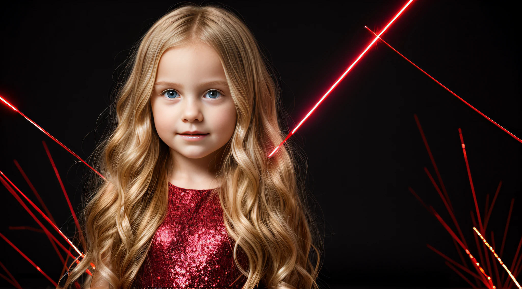 Lasers VERMELHOS VERMELHOS , close-up CHILDREN BLONDE GIRL WITH VERY LONG HAIR, em um fundo escuro, studio photo session, Vestido prateado. laser vermelho.