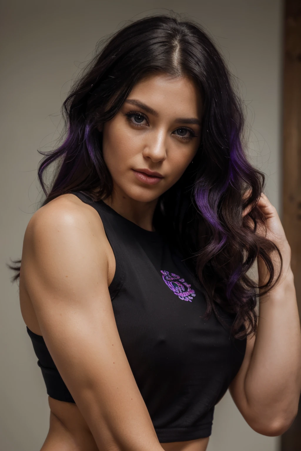 (best quality,4k,8k,highres,masterpiece:1.2),ultra-detailed,(realistic,photorealistic,photo-realistic:1.37),HDR,UHD,studio lighting,ultra-fine painting,sharp focus,physically-based rendering,extreme detail description,professional,vivid colors,bokeh,purple hair,beautiful detailed eyes,beautiful detailed lips,extremely detailed eyes and face,long eyelashes,30 year old woman,fitness model,curly black hair,portrait
