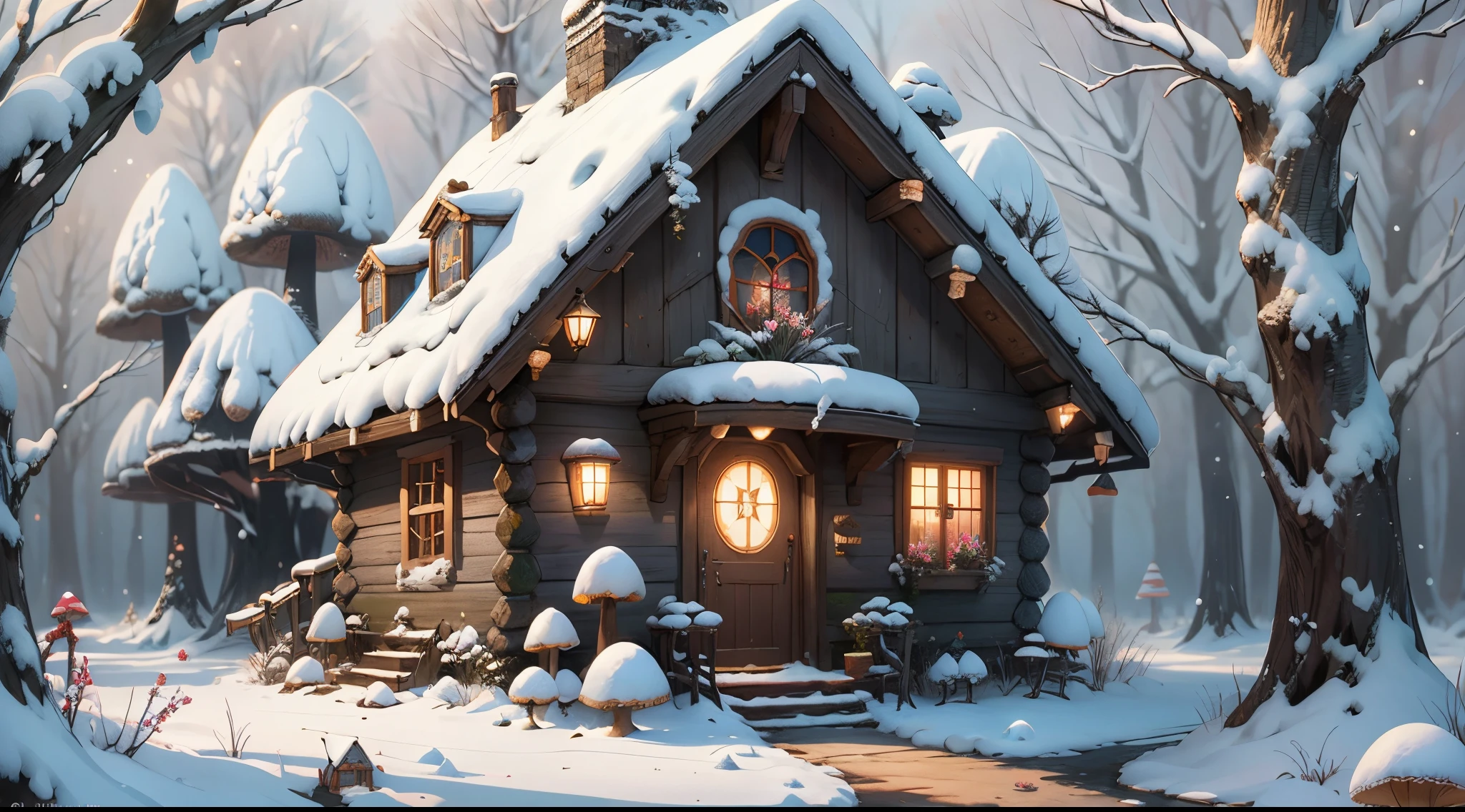 fairy tale picture book，（Cogumelos：1.3），（mushroom house：1.4），Oyuki，（snow cover：1.4），Winters，blooming flower，a plant，high high quality，16K resolution，（Best quality at best），（tmasterpiece），ultra - detailed，Detailed pubic hair，Accurate