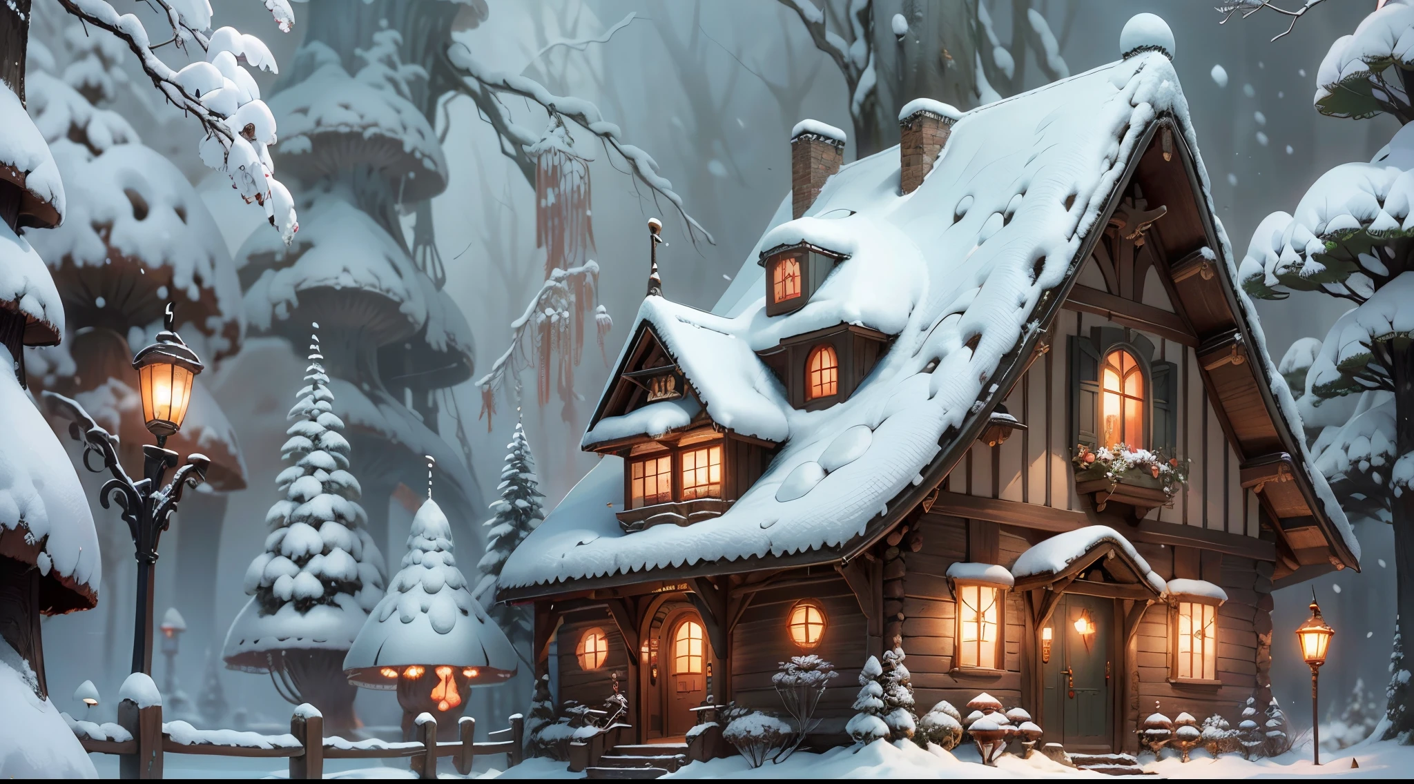 fairy tale picture book,(Cogumelos:1.3),(mushroom house:1.4),Oyuki,(snow cover:1.4),Winters,blooming flower,a plant,high high quality,16K resolution,(Best quality at best),(tmasterpiece),ultra - detailed,Detailed pubic hair,Accurate
