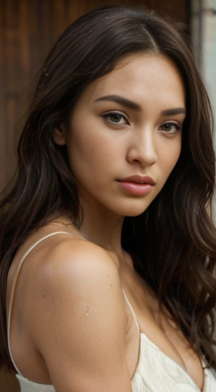 a mixed race young adult that looks maturely sexy in her face, has light brown eyes like megan fox, plump lips like kim kardashian, curly hair and a sharp nose. Her must be curly like an african, her skin must be darker , her eyes must be light green with a little bit of brown, her eyebrows must be thicker