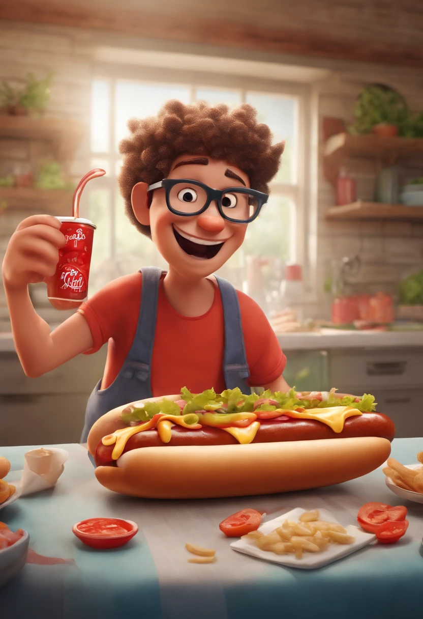 A boomerang video of the character squirting ketchup onto a hot dog with wild enthusiasm and joy.,original,Overweight, wears glasses, wears white tank top, ketchup stains, man, male