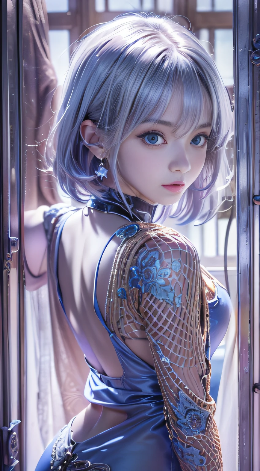 ((realisitic))、(masutepiece, Best Quality:1.5), Fractal Art, Silver Shorthair, Blue eyes, Spotlight, Sexy Pose, Beautiful girl doing pole dancing,