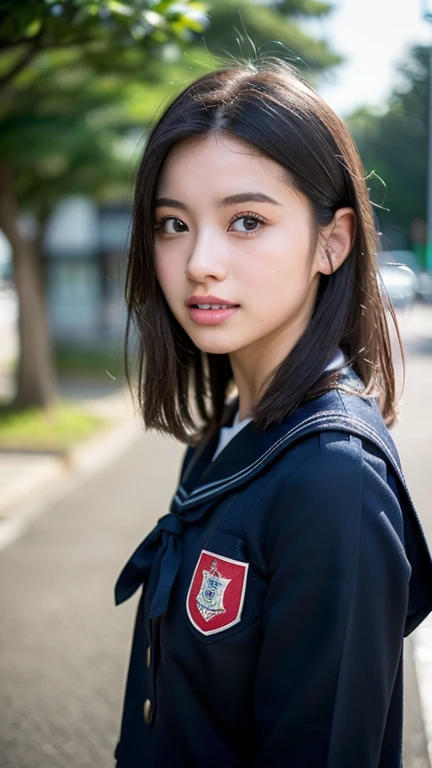 (best quality, 8k, 32k, masutepiece, NFFSW:1.2), (Foto RAW), (Realistic), (fotorrealista:1.2), (high resolution), ultra-detalhado, rosto extremamente bonito & olho, 1girl em, (Lori, :1.2), young woman, rosa pequena redonda, cintura fina, peito enorme, slim proportions, (Japanese Sailor School Uniforms, Marinheiro Fuku, Serafuku, Uniforme de marinheiro da escola japonesa, saia plissada darkblue:1.27), (de baixo, fio dental branco, virilha:1.24), Telhado da cidade do amanhecer,corpo inteiro