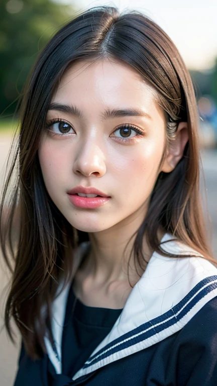 (best quality, 8k, 32k, masutepiece, NFFSW:1.2), (Foto RAW), (Realistic), (fotorrealista:1.2), (high resolution), ultra-detalhado, rosto extremamente bonito & olho, 1girl em, (Lori, 14 anos:1.2), young woman, rosa pequena redonda, cintura fina, peito enorme, slim proportions, (Japanese Sailor School Uniforms, Marinheiro Fuku, Serafuku, Uniforme de marinheiro da escola japonesa, saia plissada darkblue:1.27), (de baixo, fio dental branco, virilha:1.24), Telhado da cidade do amanhecer,corpo inteiro