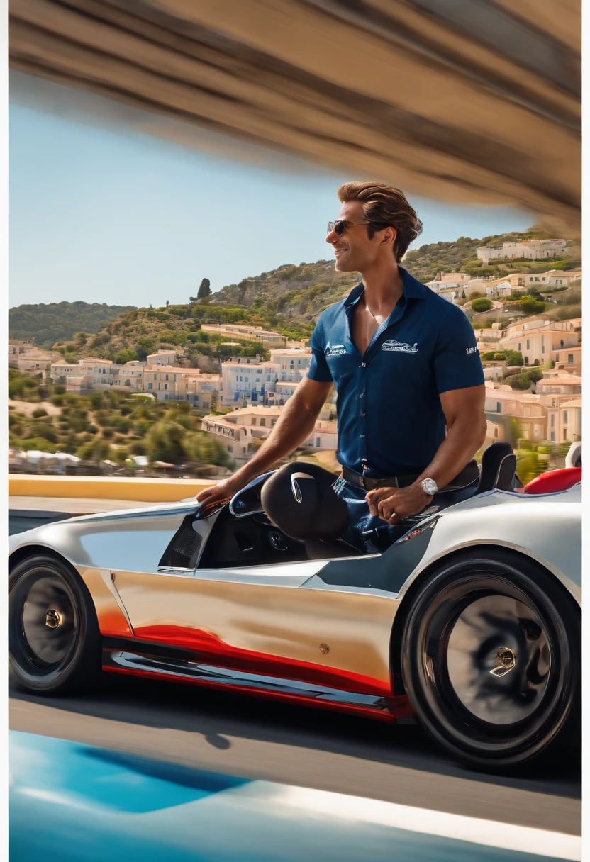A photo of Sterling driving a luxury convertible through the scenic coastline of the French Riviera,original,Max “Velocity” Sterling, a fictional Formula One champion, is the epitome of speed and charisma on the racetrack. With a sharp, athletic build, his appearance is as flashy as his driving style, often seen in custom racing gear emblazoned with bold logos and his trademark lightning symbol. His hair is styled with the same carefree audacity that he shows behind the wheel, and his confident, roguish smile has made him a heartthrob in the international racing scene. , male