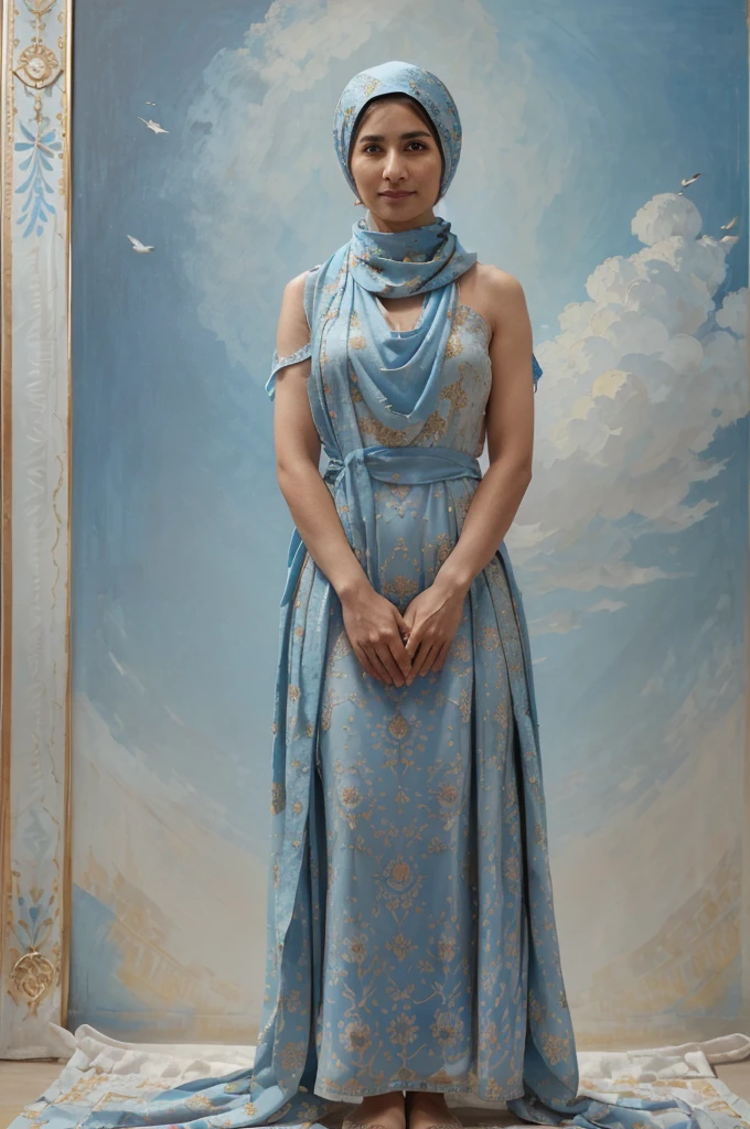 ((full body render)) , Persian Sassanid empire period woman , ((35 years old)) , casual face ,((Calm and proud face with a little smile)), Bright face , ((one-length haircuts))
, ((detailed face)) , Rembrandt light ,  in traditional cream  gown dress , ((long blue scarf on head)) , ((rose pattern on dress)) , ((background inspired by painting of clouds and birds  )), ((perfect rectangular frame))