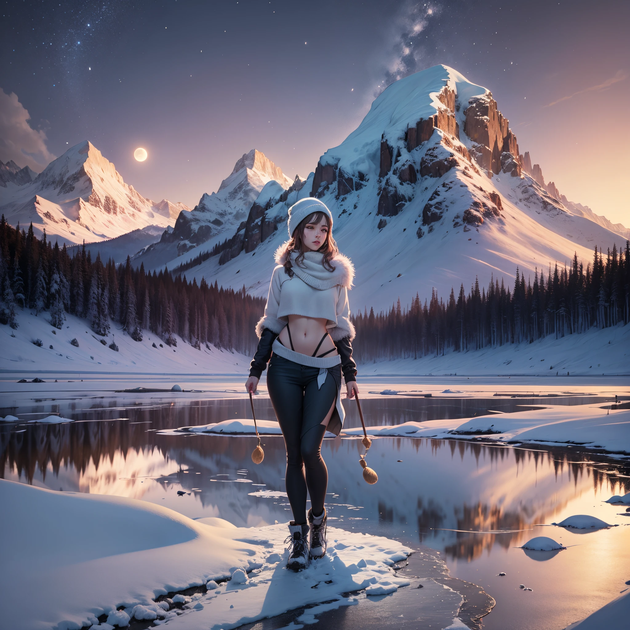 uma mulher nua, usando apenas coleira, imagem de corpo inteiro, moon light mountains and snow scenery focus on snowflakes --auto --s2