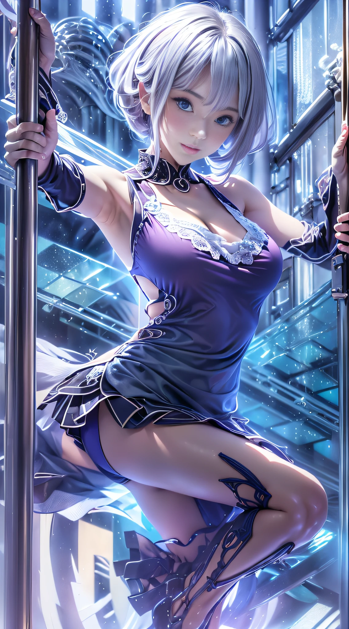 ((realisitic))、(masutepiece, Best Quality:1.5), Fractal Art, Silver Shorthair, Blue eyes, Spotlight, Sexy Pose, Beautiful girl doing pole dancing,