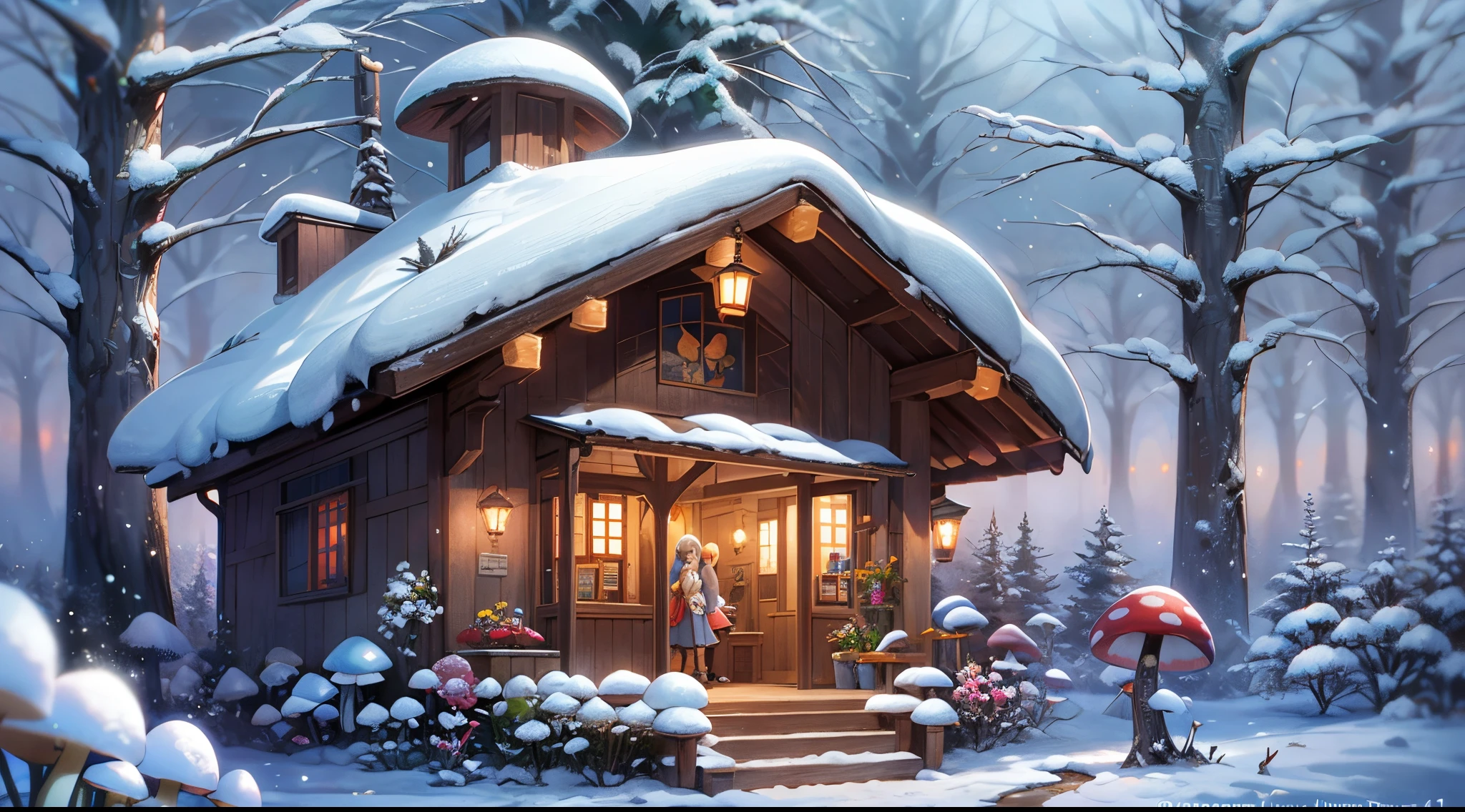 fairy tale picture book，（Cogumelos：1.3），（mushroom house：1.4），Oyuki，（snow cover：1.4），Winters，blooming flower，a plant，high high quality，16K resolution，（Best quality at best），（tmasterpiece），ultra - detailed，Detailed pubic hair，Accurate