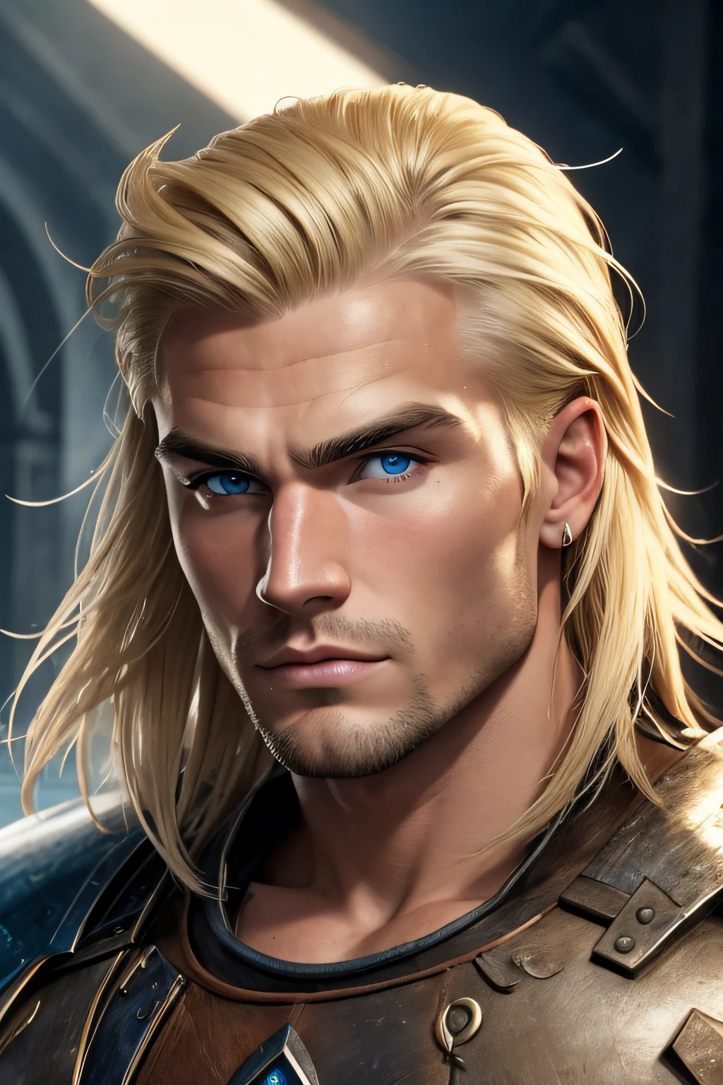 Man. Blond. Bright skin. Blue eyes. Age 30 years. Bristle. Hard facial features. Wide jaw. Thick eyebrows. Warrior.