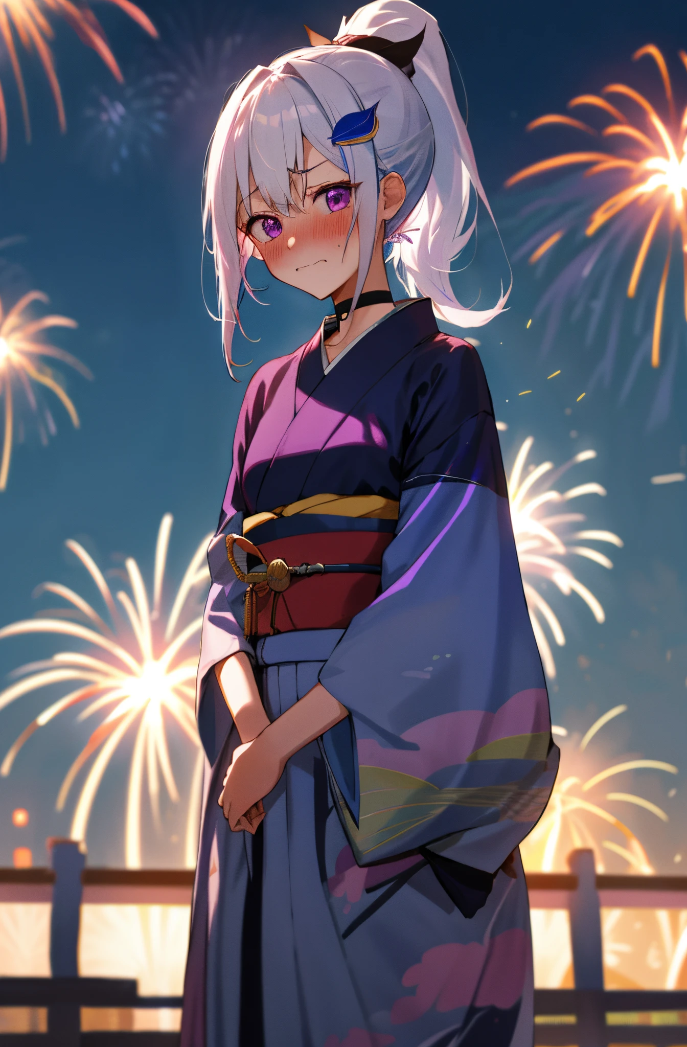 One girl with high ponytail hair, white hair, blue inner hair, purple eyes, looking at viewer, blushing, embarrassed, (embarrassed:1.2), kimono, outdoor, festival, slim, dizzy, choker, mid-chest, wide hips, perfect waist, night atmosphere, firework, hair ornament, standing, upper body,